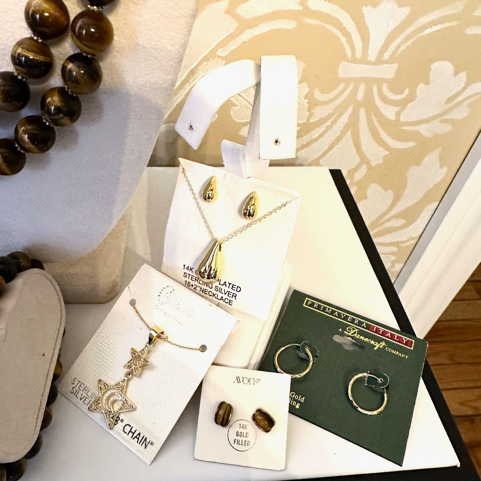 Jewelry Lot Vintage Modern Don Caster Tiger Eye Necklace Sterling Earrings