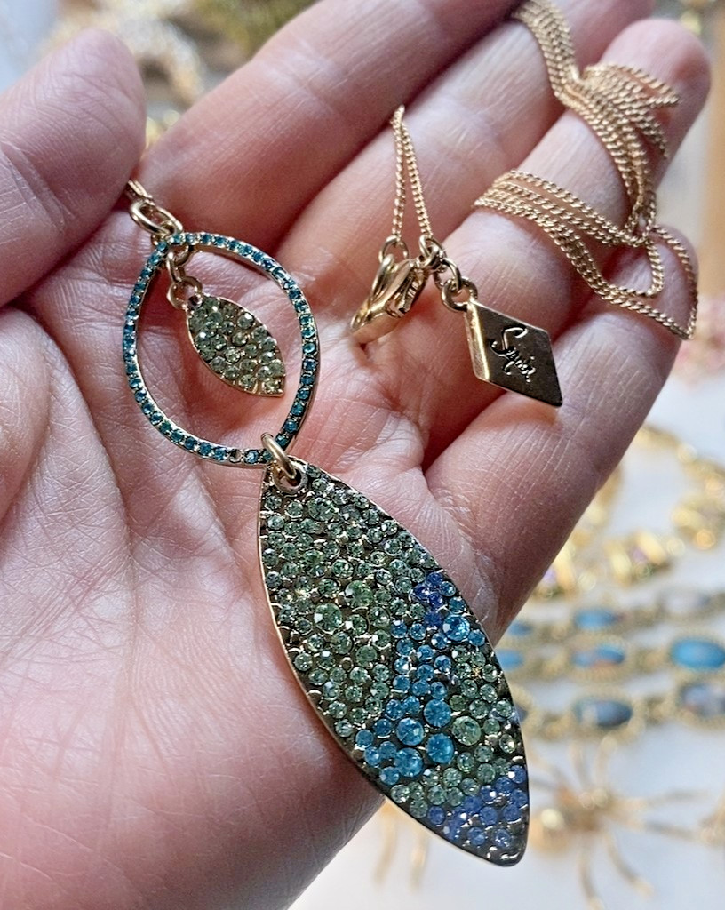“Sequin” Blue Rainbow Crystal Pave Oval Double Drop pendant Necklace 32″