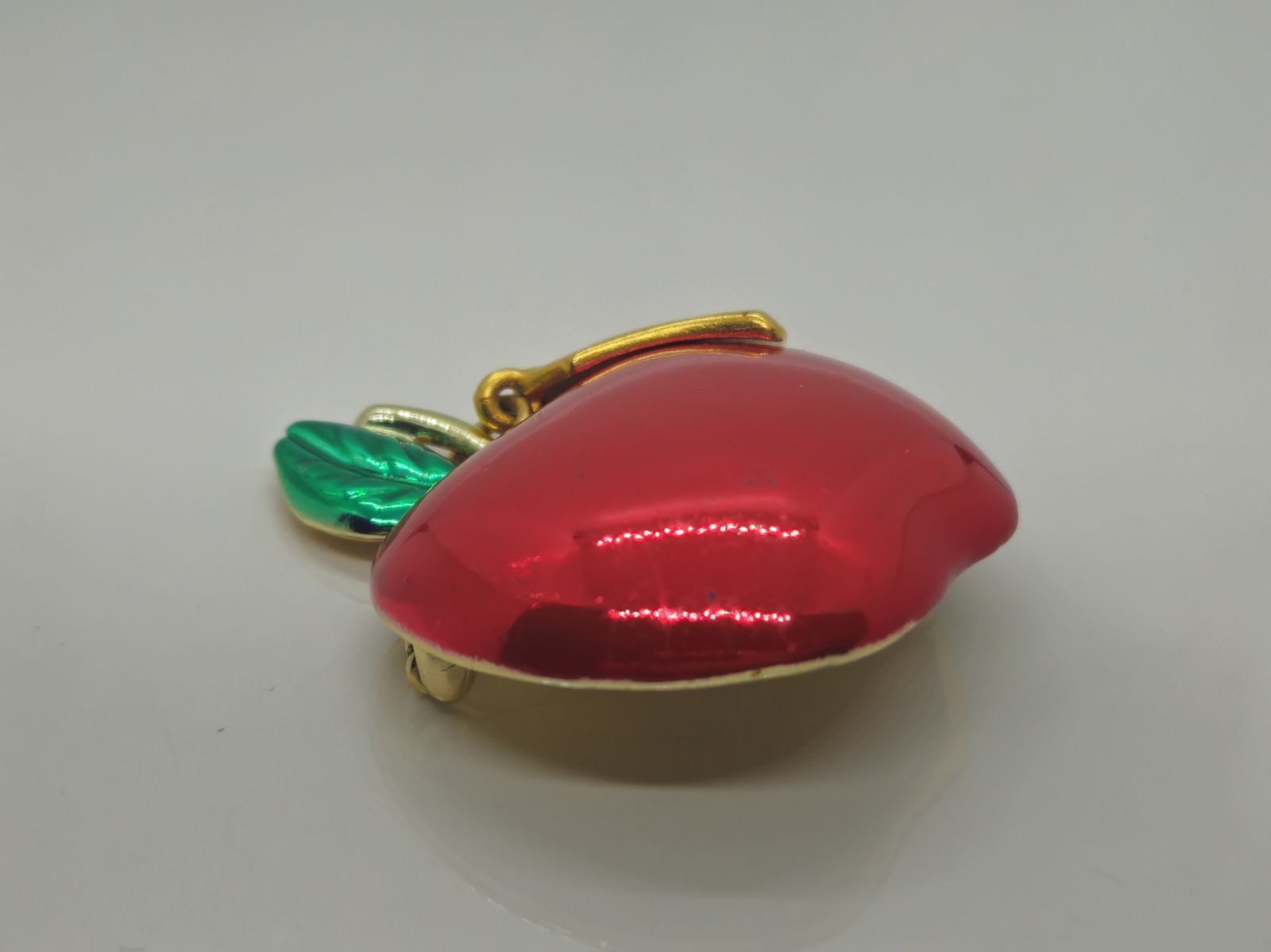 For My Teacher Red Apple Brooch Pin Metal Enamel Marked A.J.C. 1″