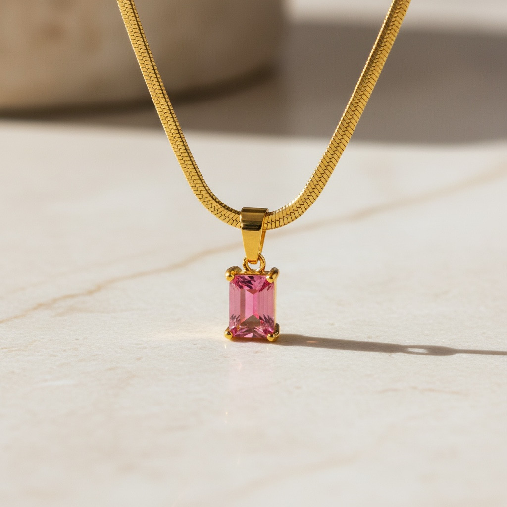 Diamond CZ Snake Chain – Emerald Cut Necklace | Dainty Herringbone | 18k Gold
