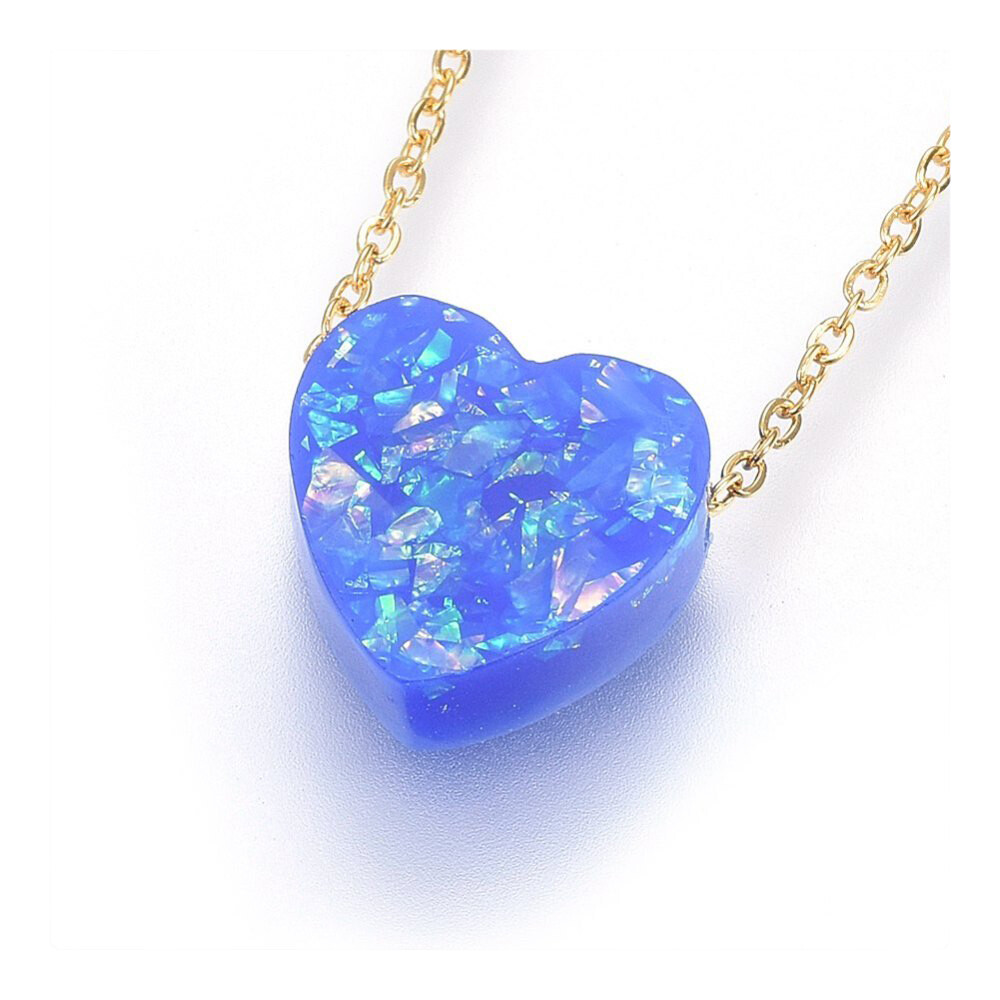 304 Stainless Steel Pendant Necklace Epoxy Resin Heart Blue Gold 18″ 1.2mm  A269
