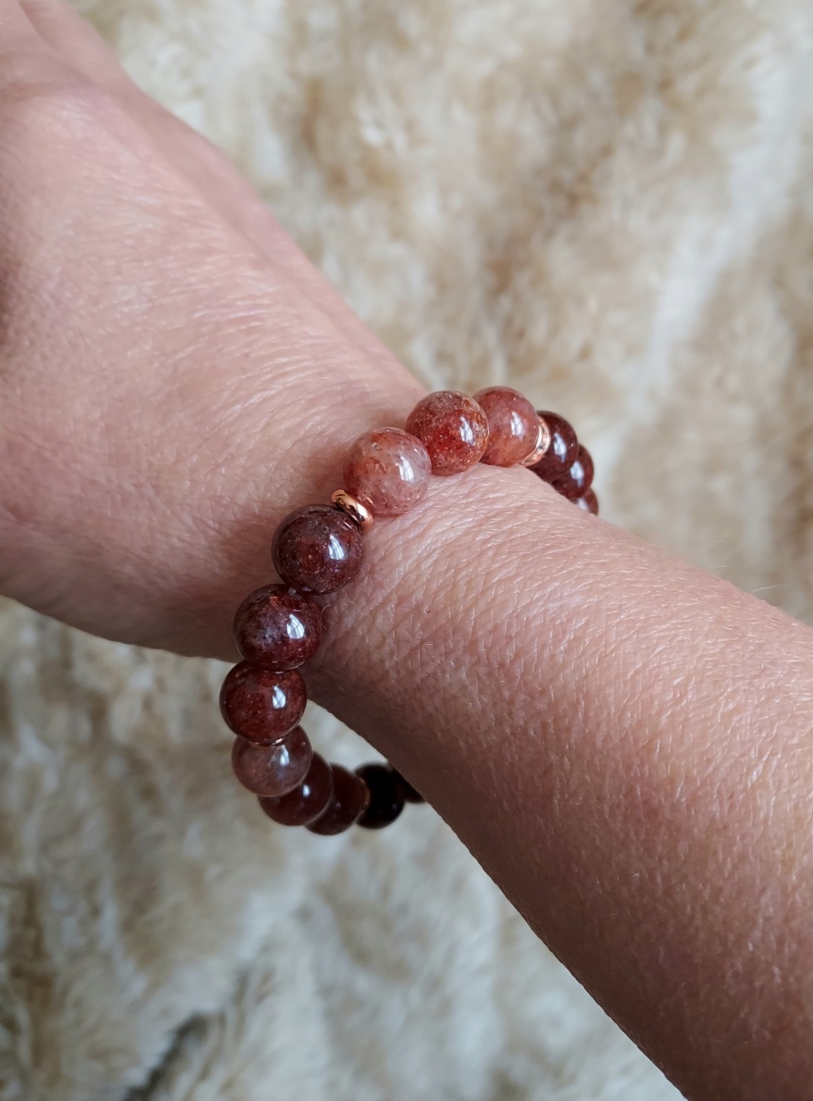 Red Phantom Quartz Gem Bead Bracelet In Rose Gold Stretch One of a Kind 6.75″