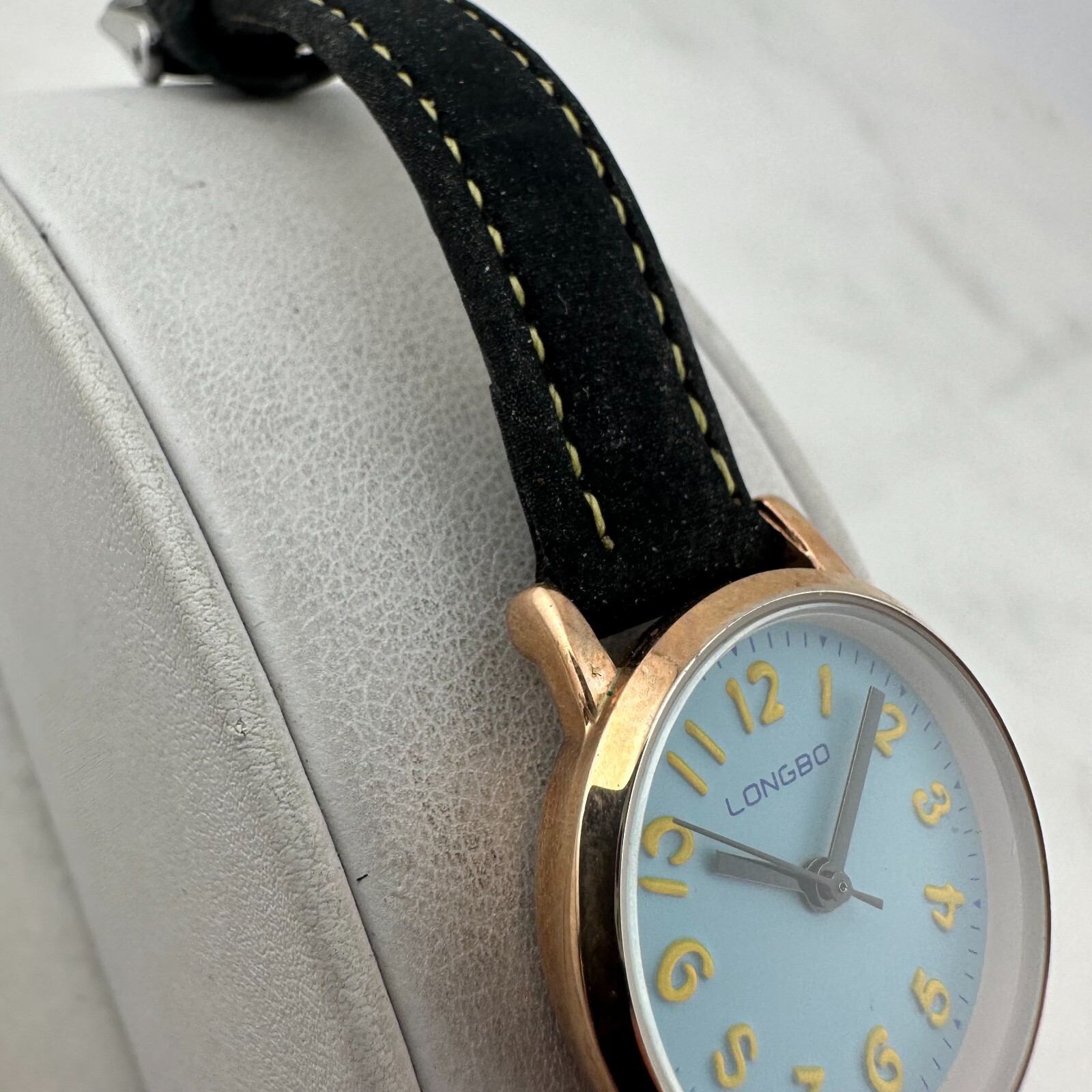 Longbo Ladies Leather Band 27mm Watch. Blue/Yellow Dial New Battery. 7058L