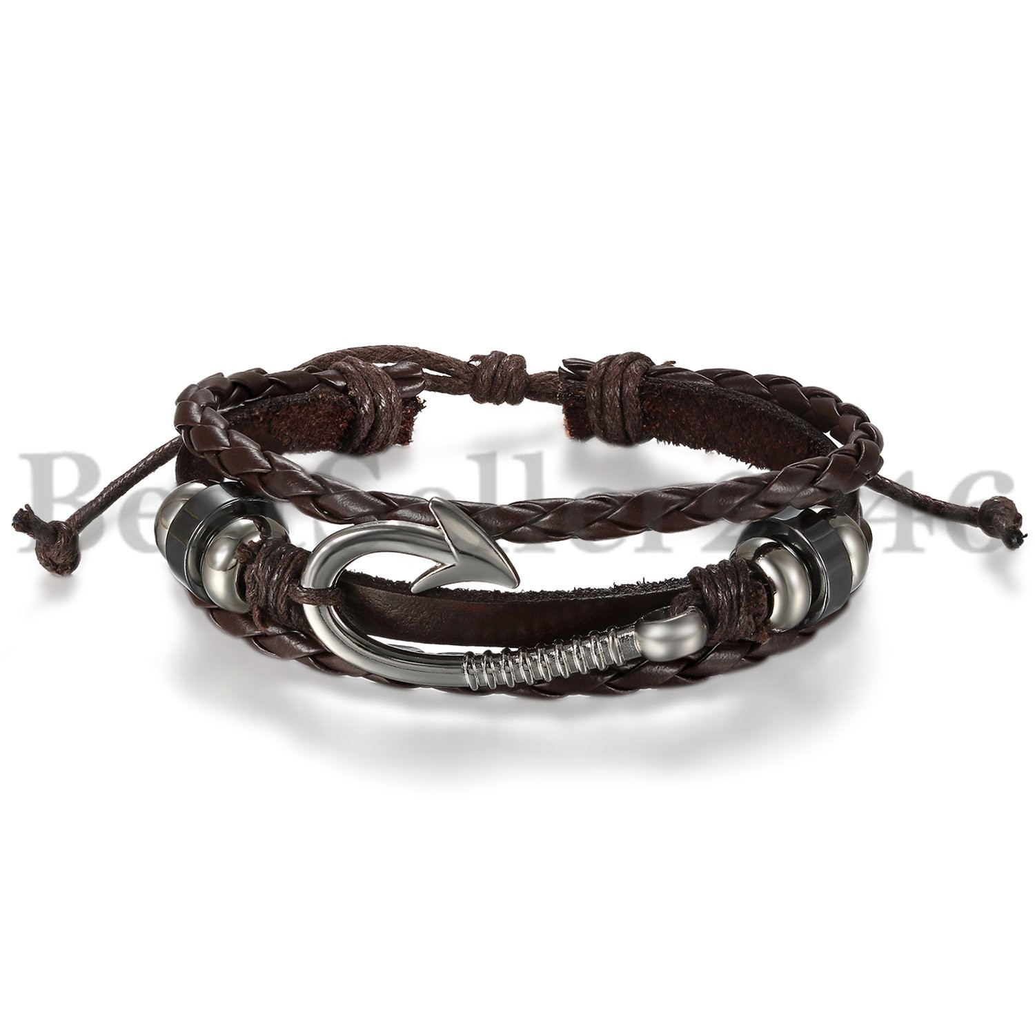 Men Women Metal Fishing Hook Black Brown PU Leather Surfer Wrist Cuff Bracelet