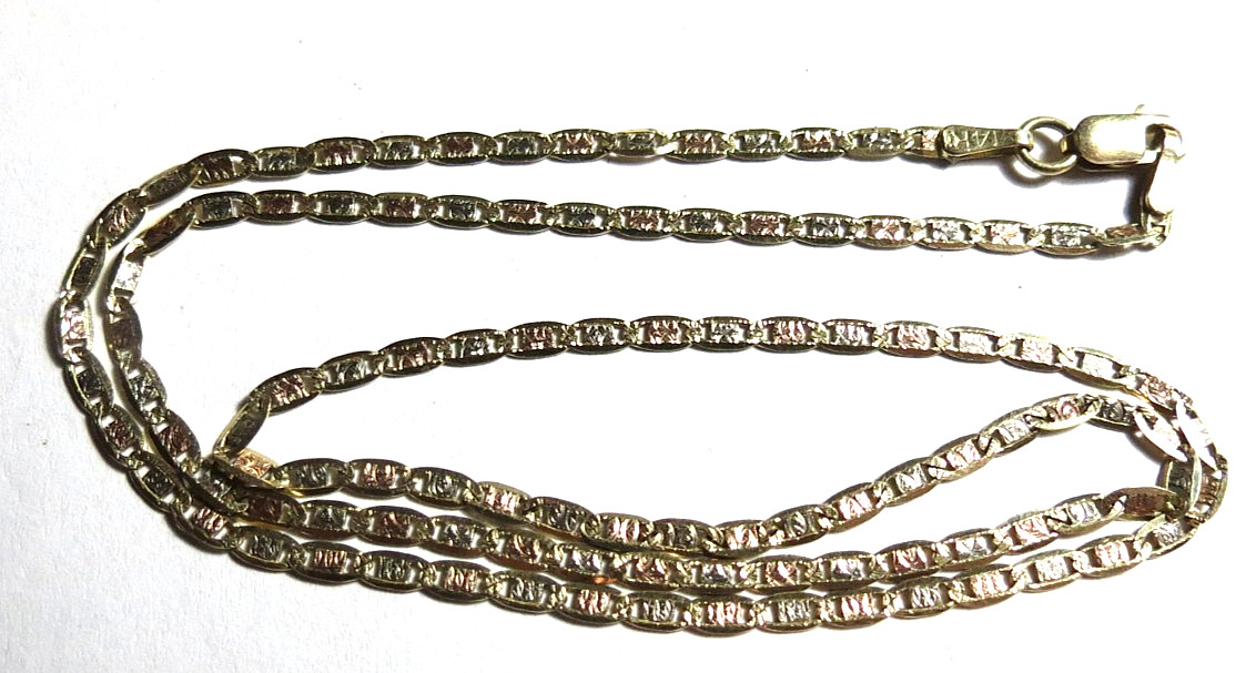 VINTAGE ITALY 14K SOLID YELLOW GOLD 2-TONE NECKLACE CHAIN 16.5″ LONG 3 GRAMS