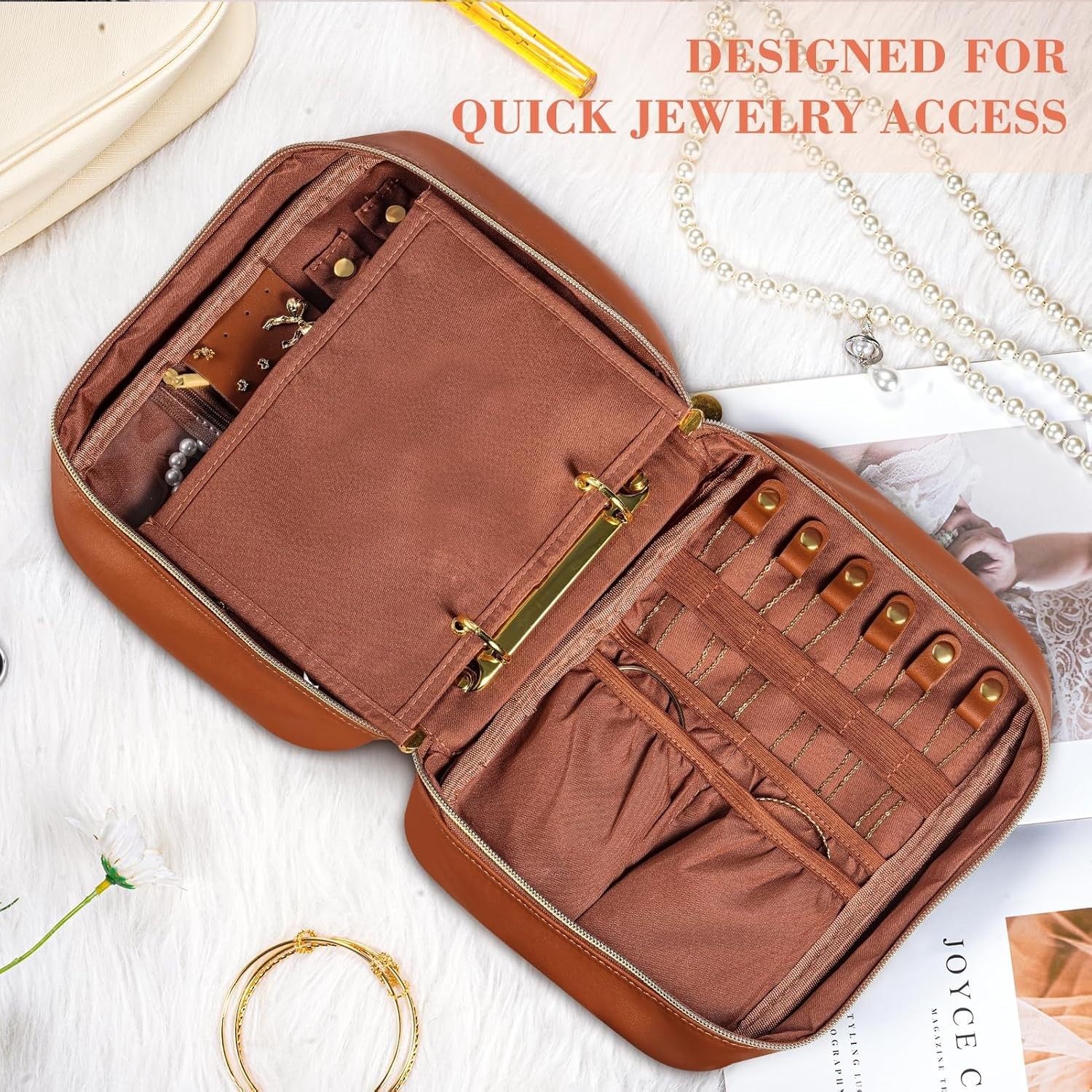 Leather Jewelry Case Organizer with Clear Pouch for Travel and Home Storage