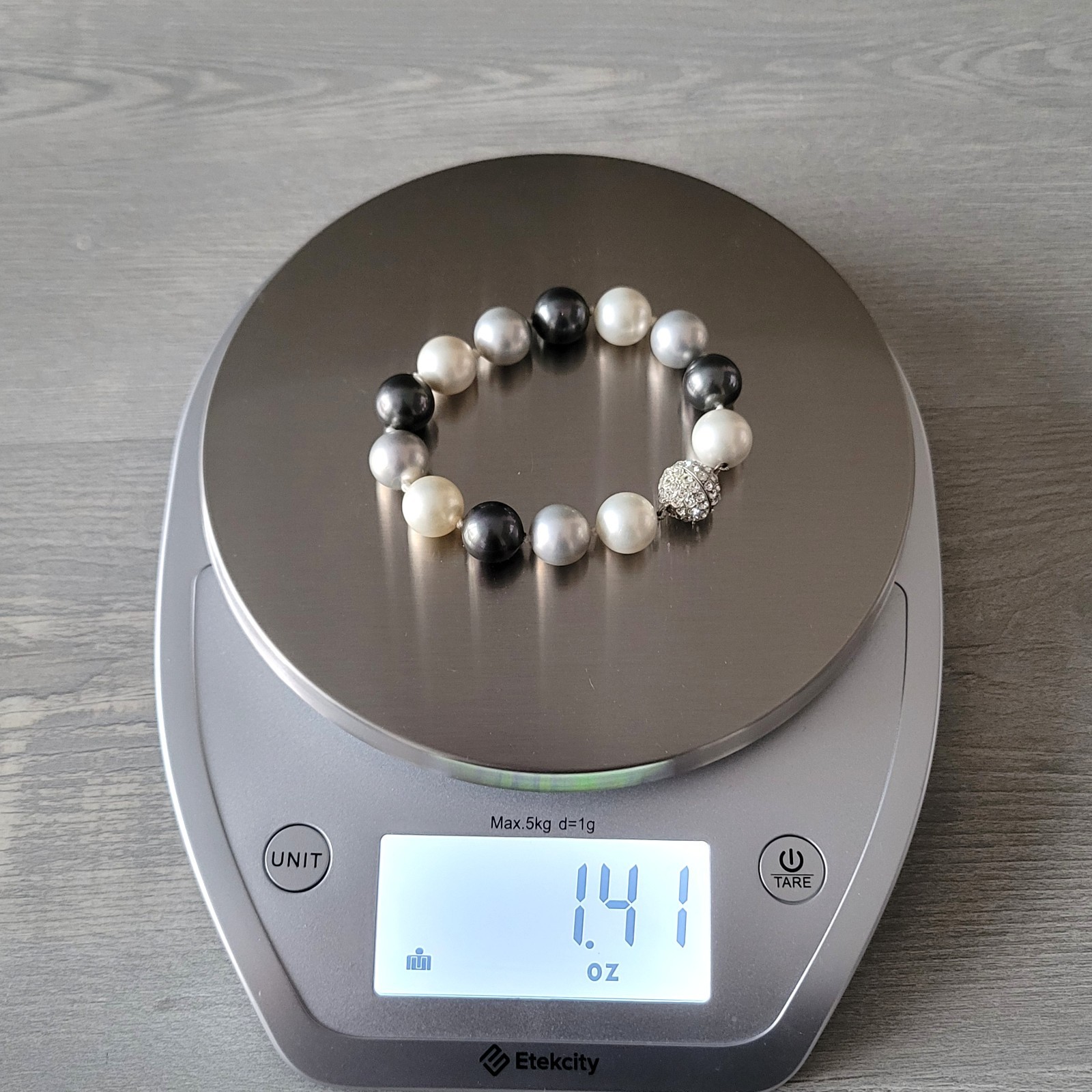 Faux Pearl Bracelet Black Gray White w/ 925 Sterling Silver Clasp + Stones NWOT