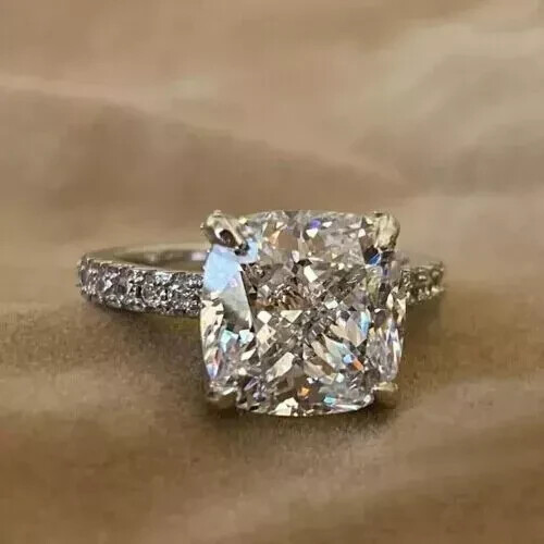 4.00Ct Cushion Cut Lab-Created Diamond Engagement Ring 14K White Gold Plated