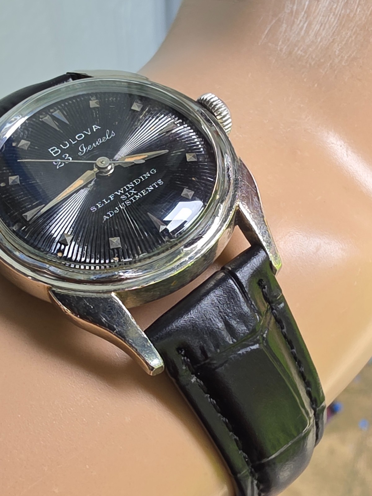 Vintage Bulova 23 “A” Men’s automatic watch 10K RGP Black Sunburst dial 1955