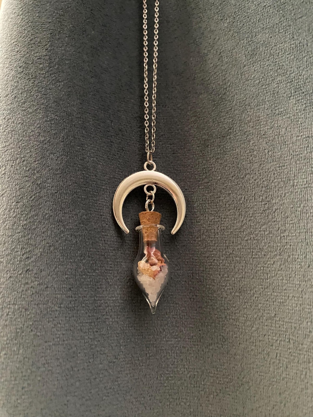 Crescent Moon Necklace Vial of Salt and Rose Petals Love Protection