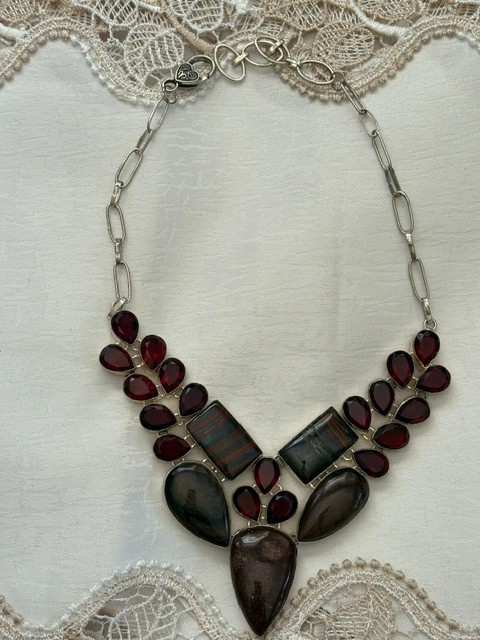 Artisan Silver Plated Multi‑Stone Teardrop Statement Necklace 13.5–17″