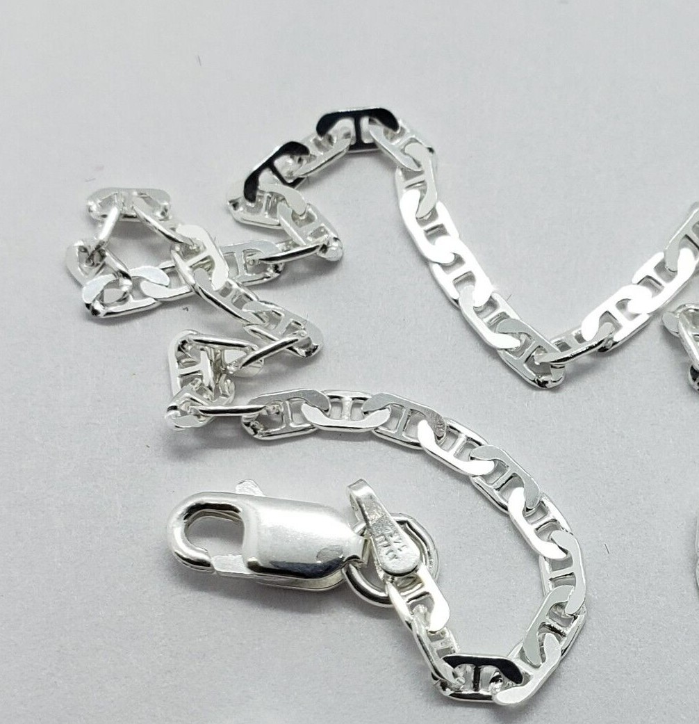 925 Sterling Solid Silver Italy Flat Mariner Link Chain Necklace Bracelet 3.7mm