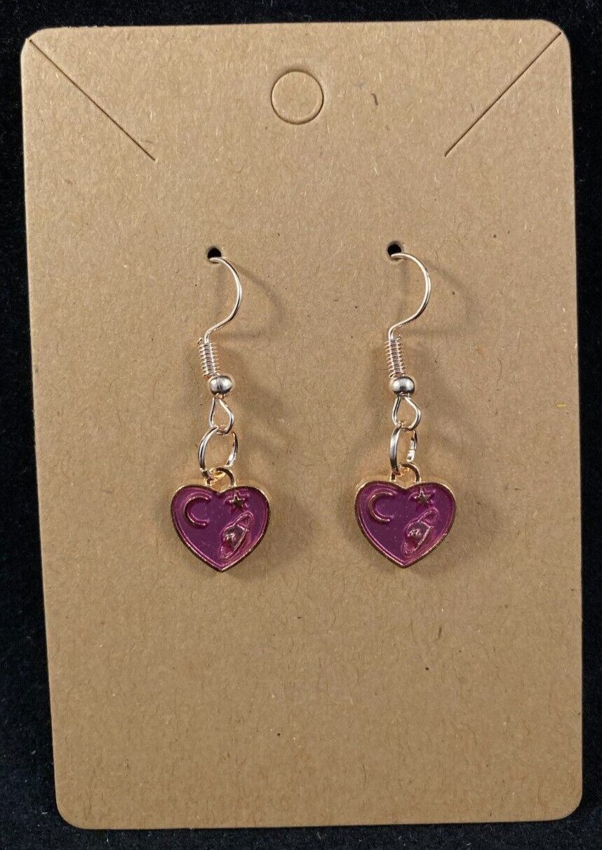 Purple Heart Space Earrings – Dangle – Gold Hook – Handmade