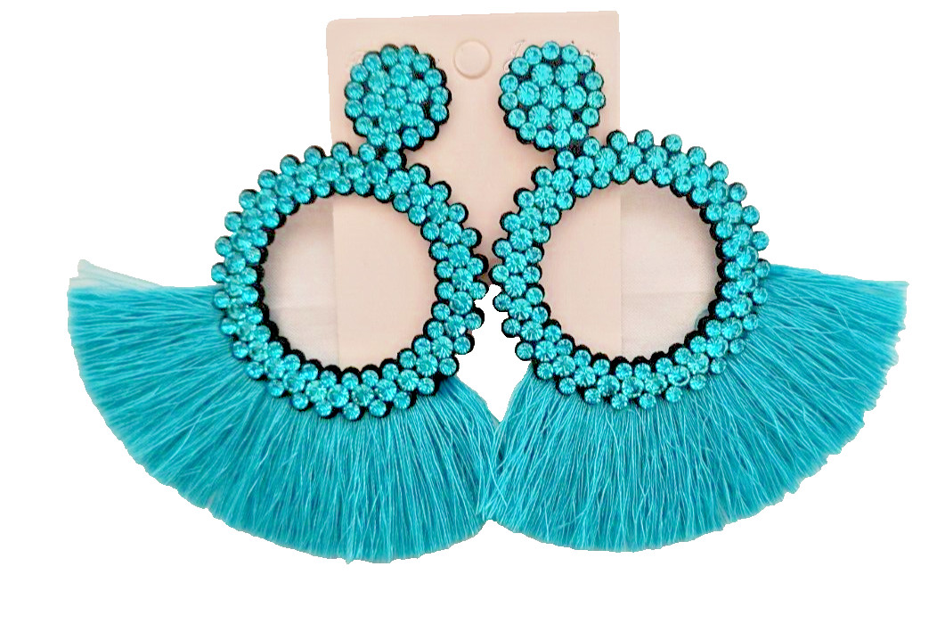 New Fashion Jewelry Dangle/ Drop Earrings Aqua Fringe Crystals Appx 3.5 inx3 in