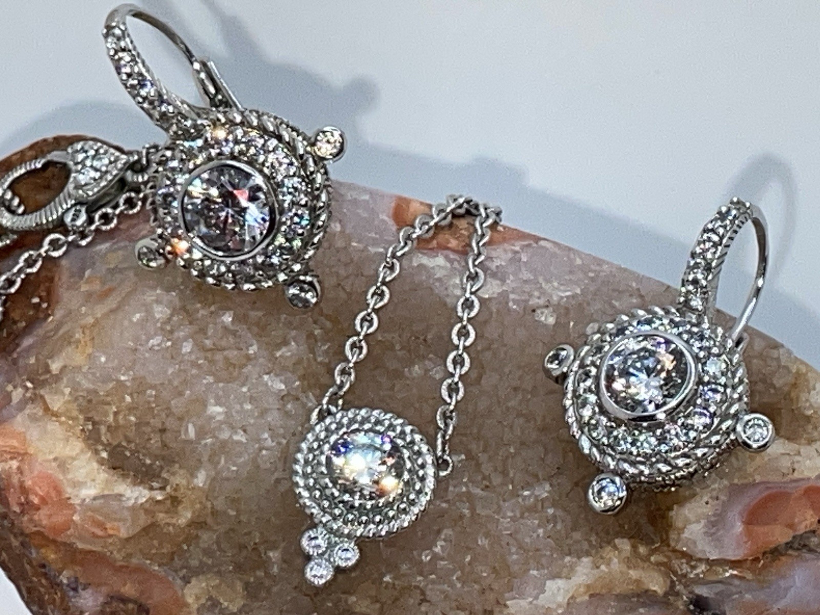 JUDITH RIPKA 925 Sterling Silver C Z Station Chain Pendant Necklace & Earrings
