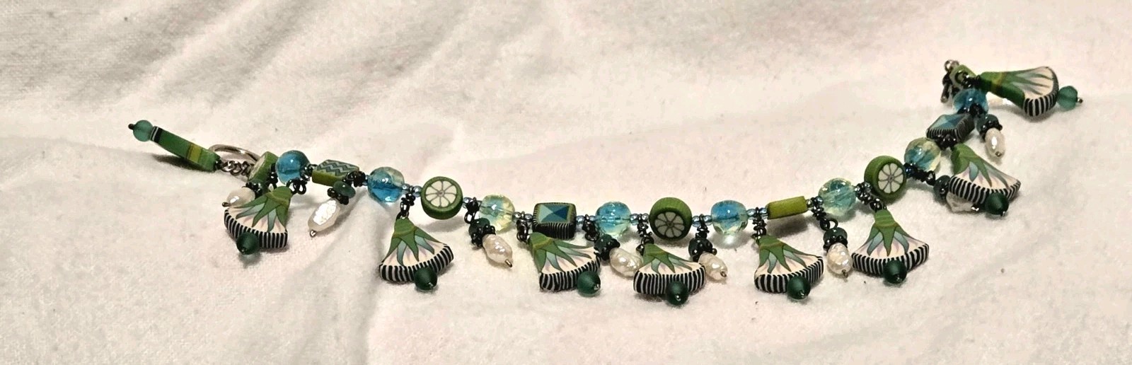 ​Designer Boho Chic Green Millefiori & Pearl Dangle Charm Toggle Bracelet