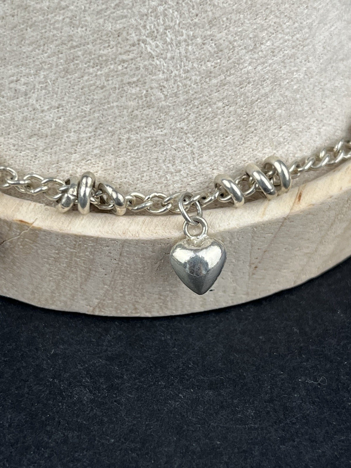 Sterling Silver 925 Puffy Heart Charm Anklet 9.75” Adjustable 9.45g