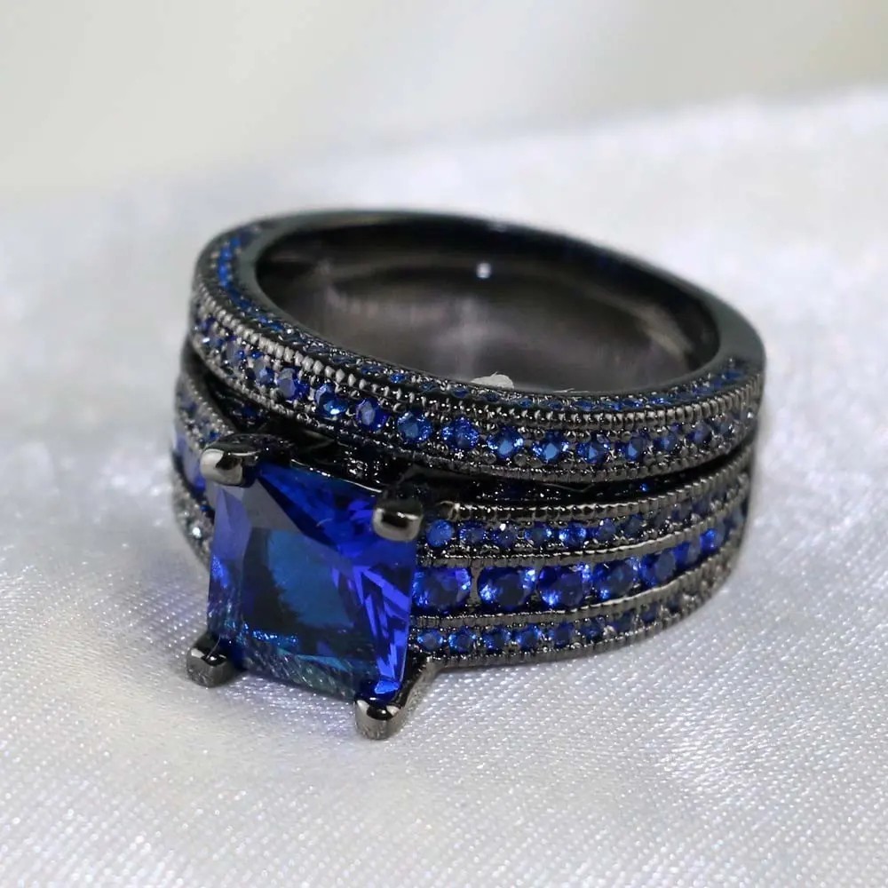Vintage Black Blue CZ Wedding Engagement Ring Set Bridal Women Fashion Jewelry
