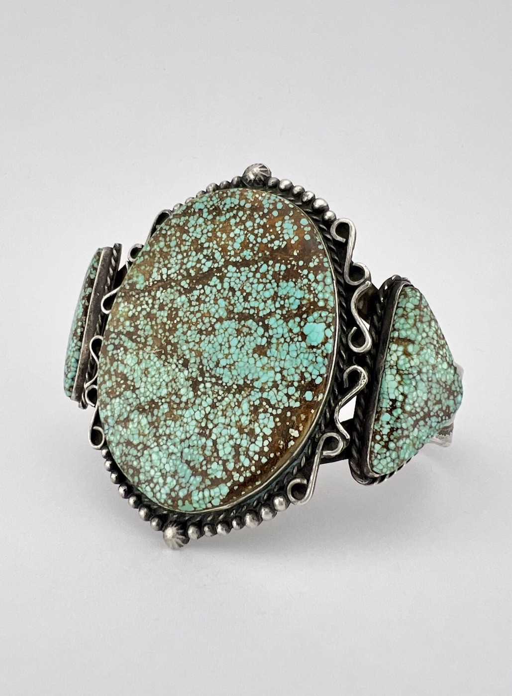Fred Harvey Navajo Sterling Silver Spiderweb #8 Turquoise Stamped Cuff Bracelet