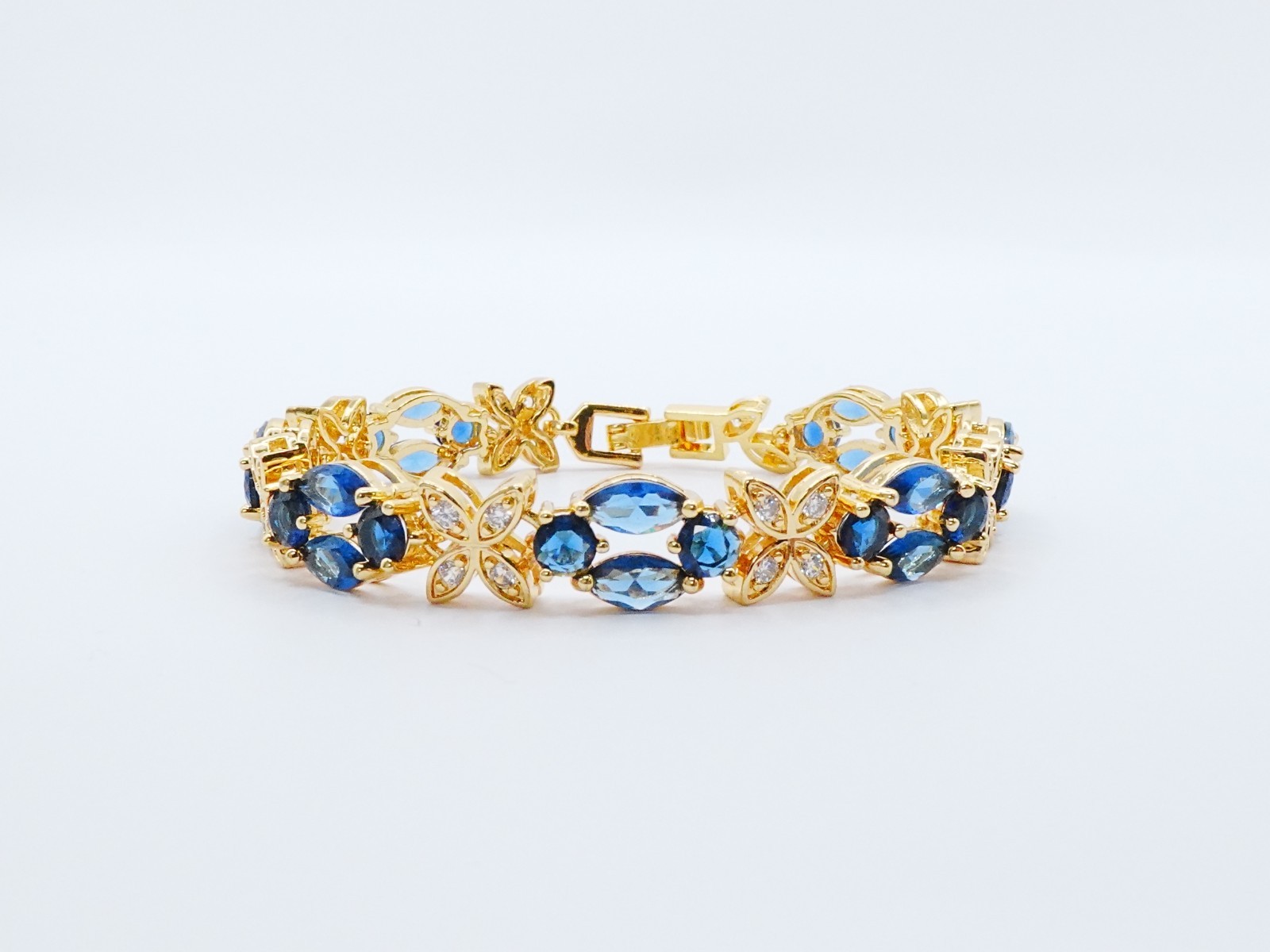 Bracelet Blue Gemstone & Cz Diamond 24K Yellow Gold Plated 7″ Women Jewelry
