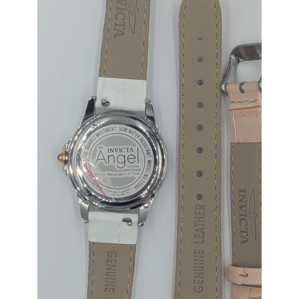 Invicta Angel Watch White 33mm Silver Rose Golden Diamond Leather Straps 12544