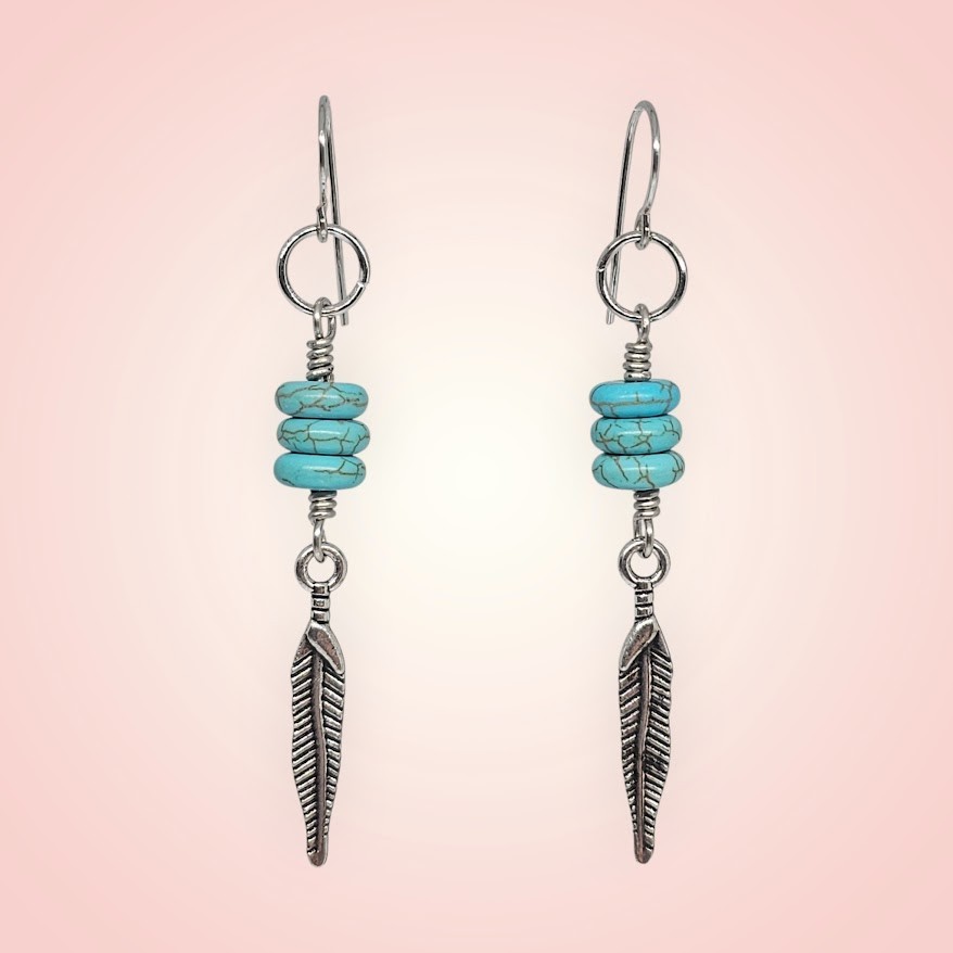 Handmade Turquoise Howlite Silver Feather Western Dangle Boho Earrings