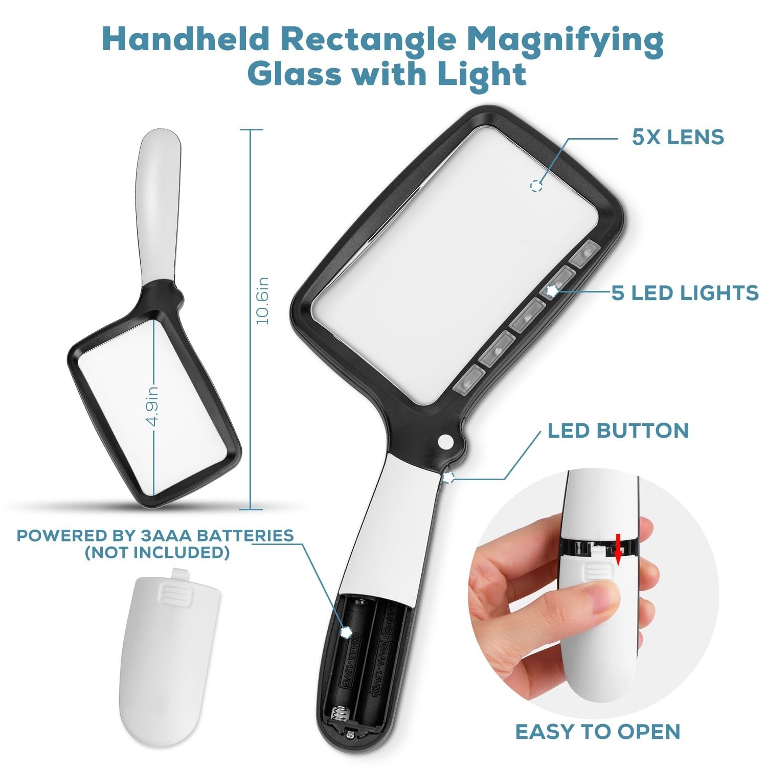 5X Folding Handheld Magnifying Glass with LED Light – Large Rectangle Magnifier