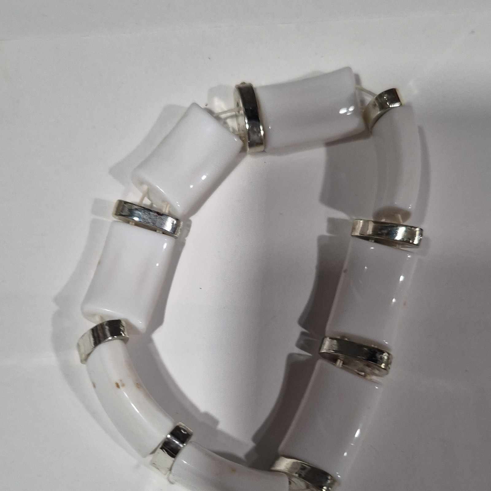 White Plastic Stretch Beaded Bracelet, Silver Tone Spacers, No Clasp