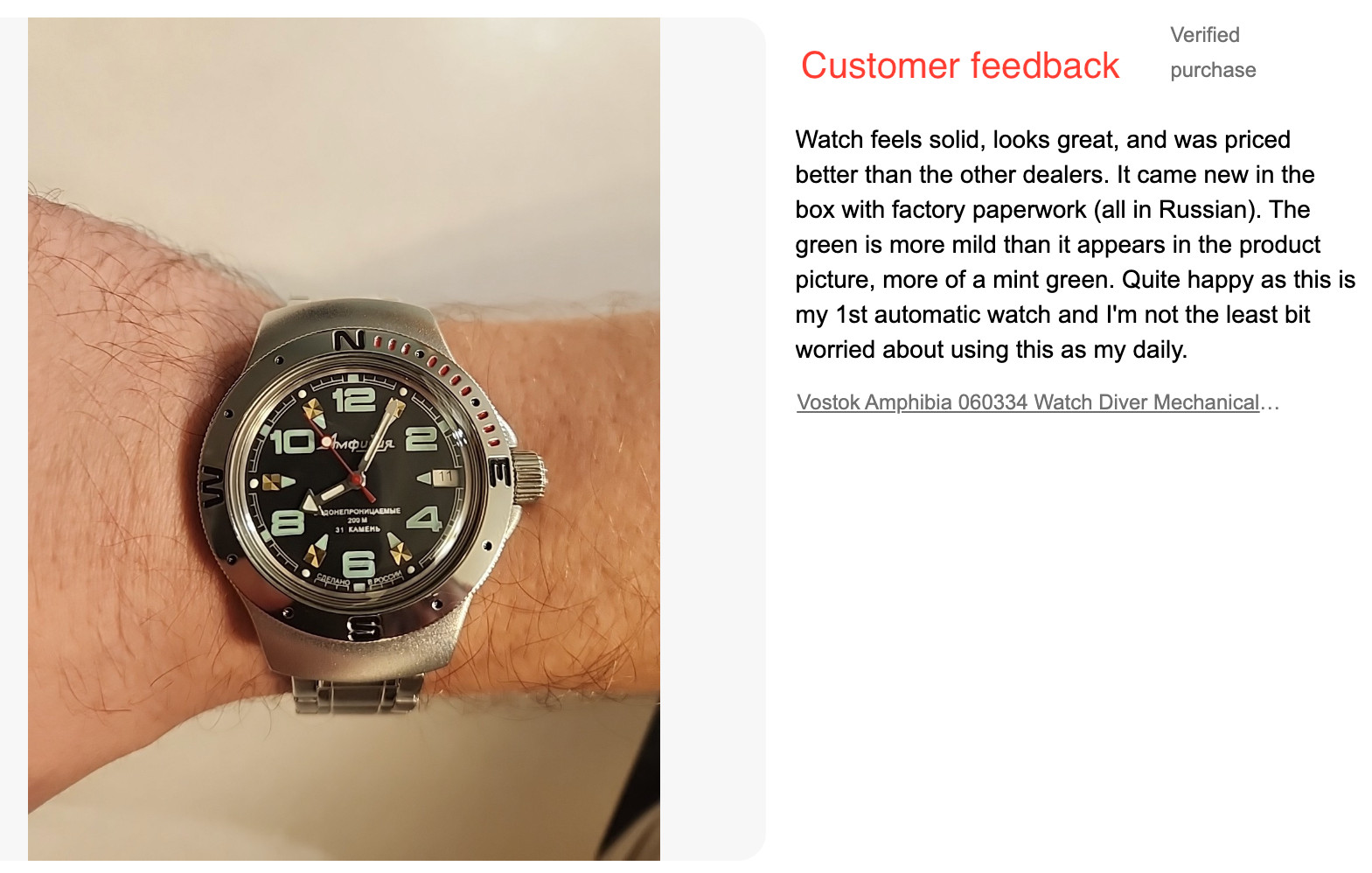Vostok Amphibia 060334 Watch Diver Mechanical Automatic USA SELLER