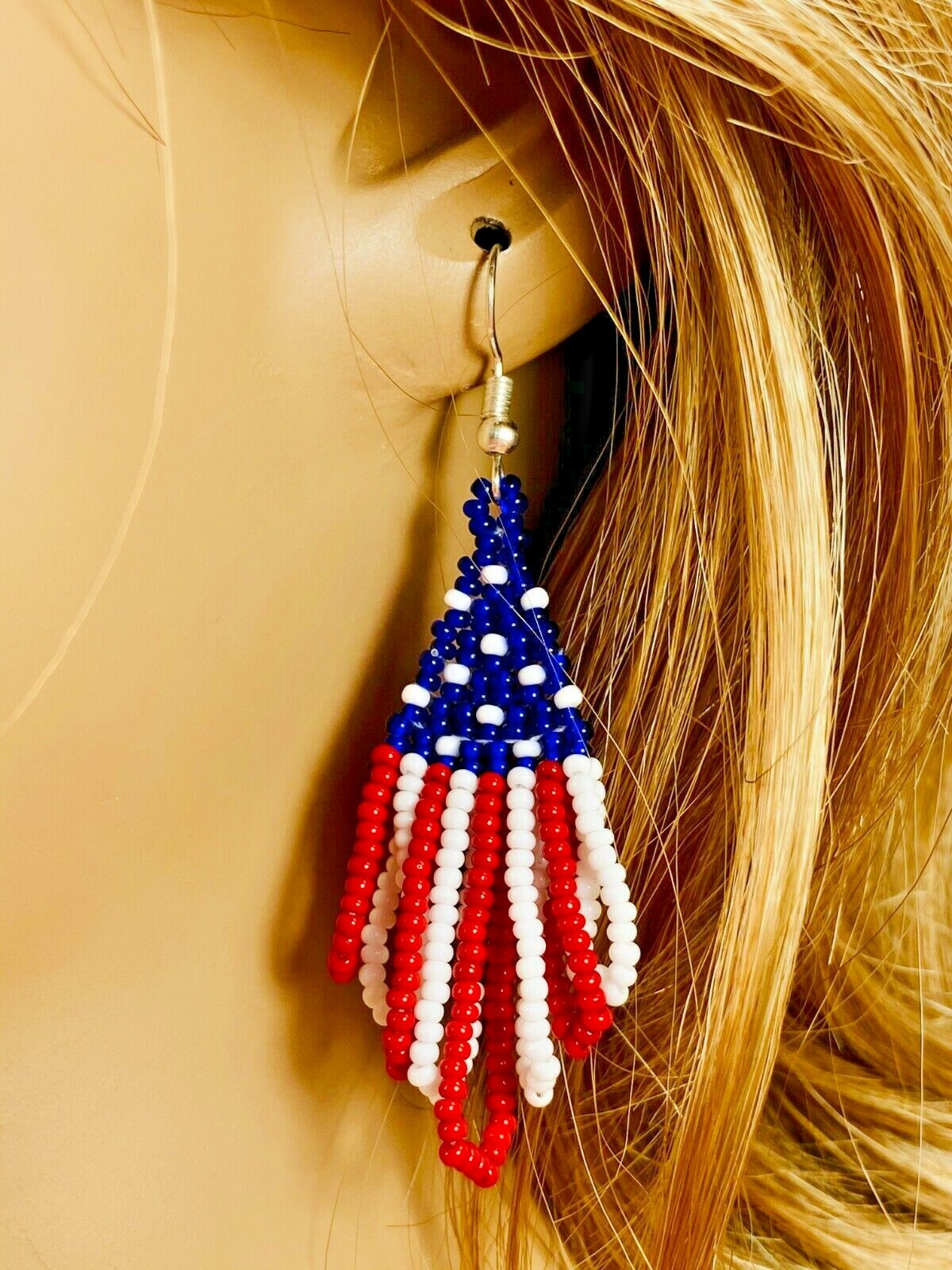 HANDMADE PATRIOTIC RED WHITE BLUE BEADED FLAG COLORS LONG EARRINGS E61/19