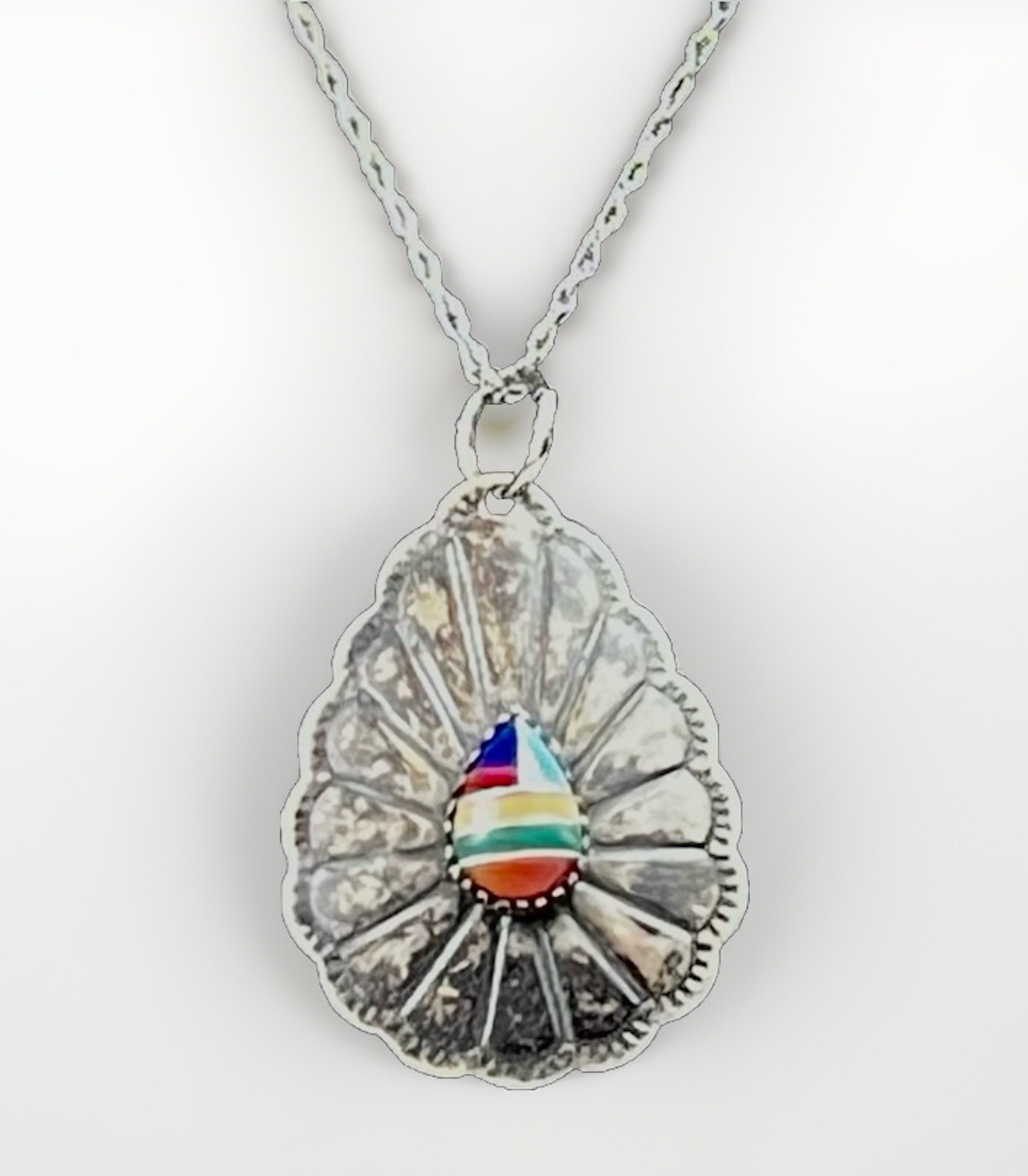 Vintage WM Co Wheeler Mfg Sterling & Multi Color Turquoise Pendant Necklace 18”