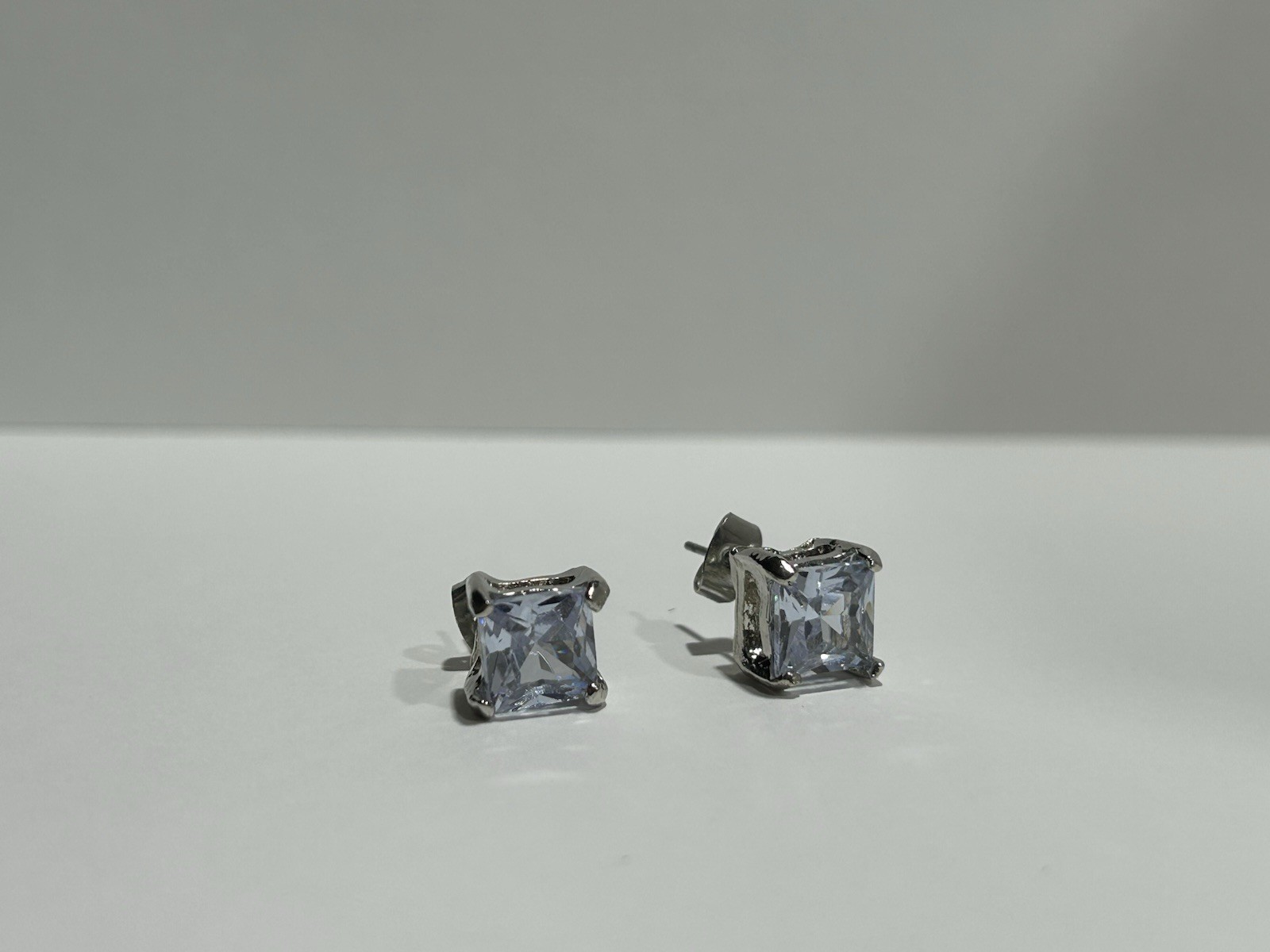 8mm Princess Cut Zircon Stud Earrings Silver Plated Diamond Alternative