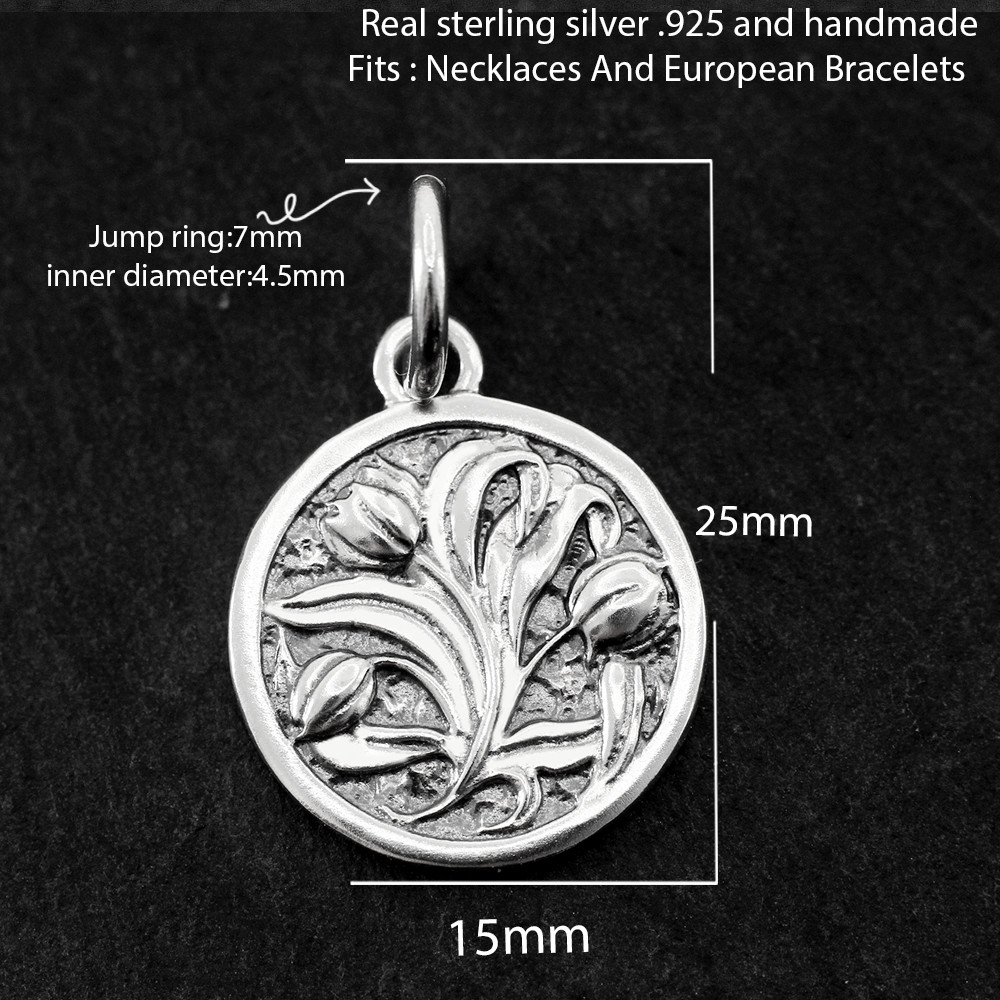 925 Sterling Silver Tulip Flower Pendant Charm Coin Fit Necklace Bracelet Chain