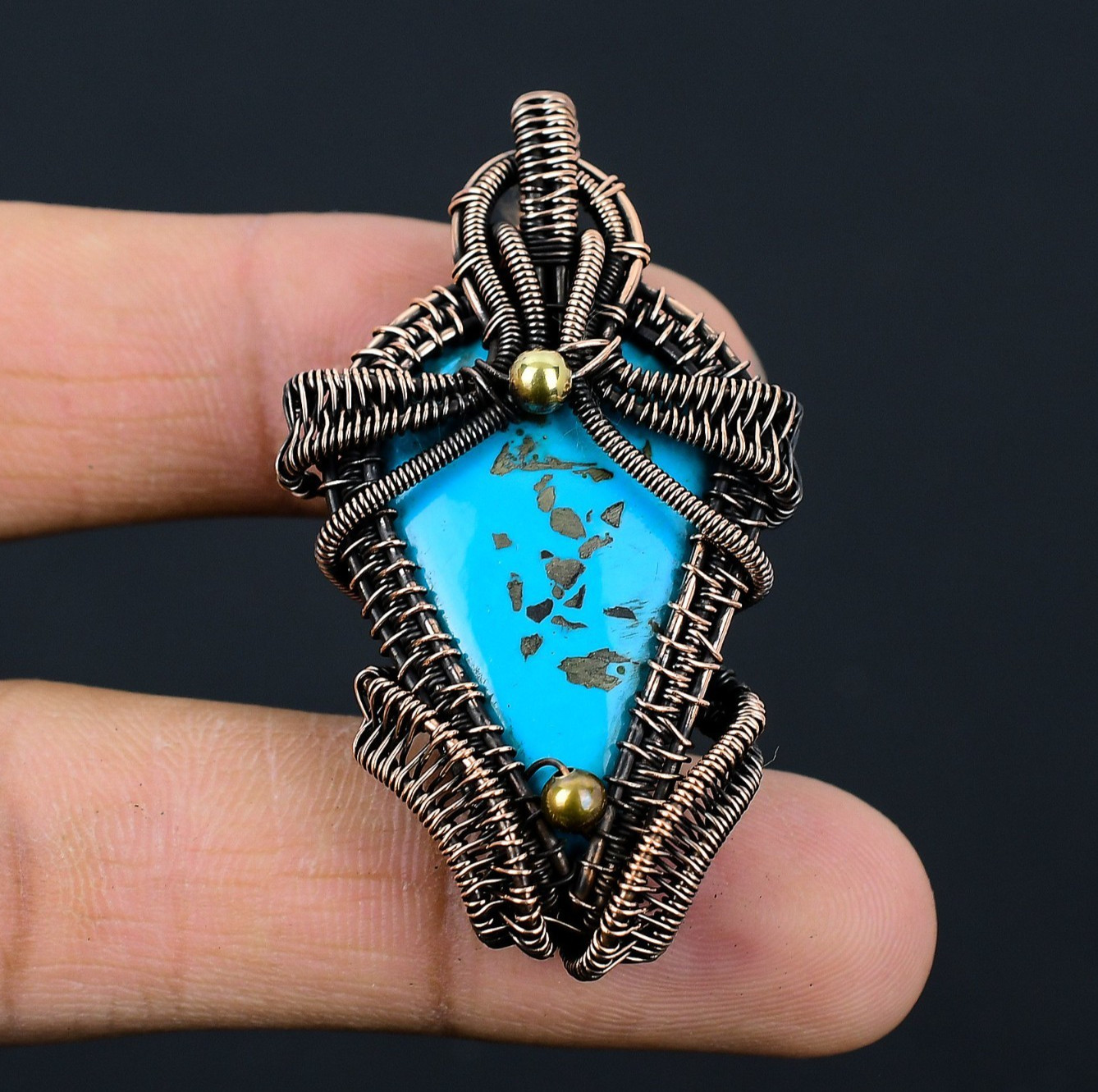 Irani Turquoise Handmade Gemstones Copper Wire Wrap Unique Pendant Jewelry