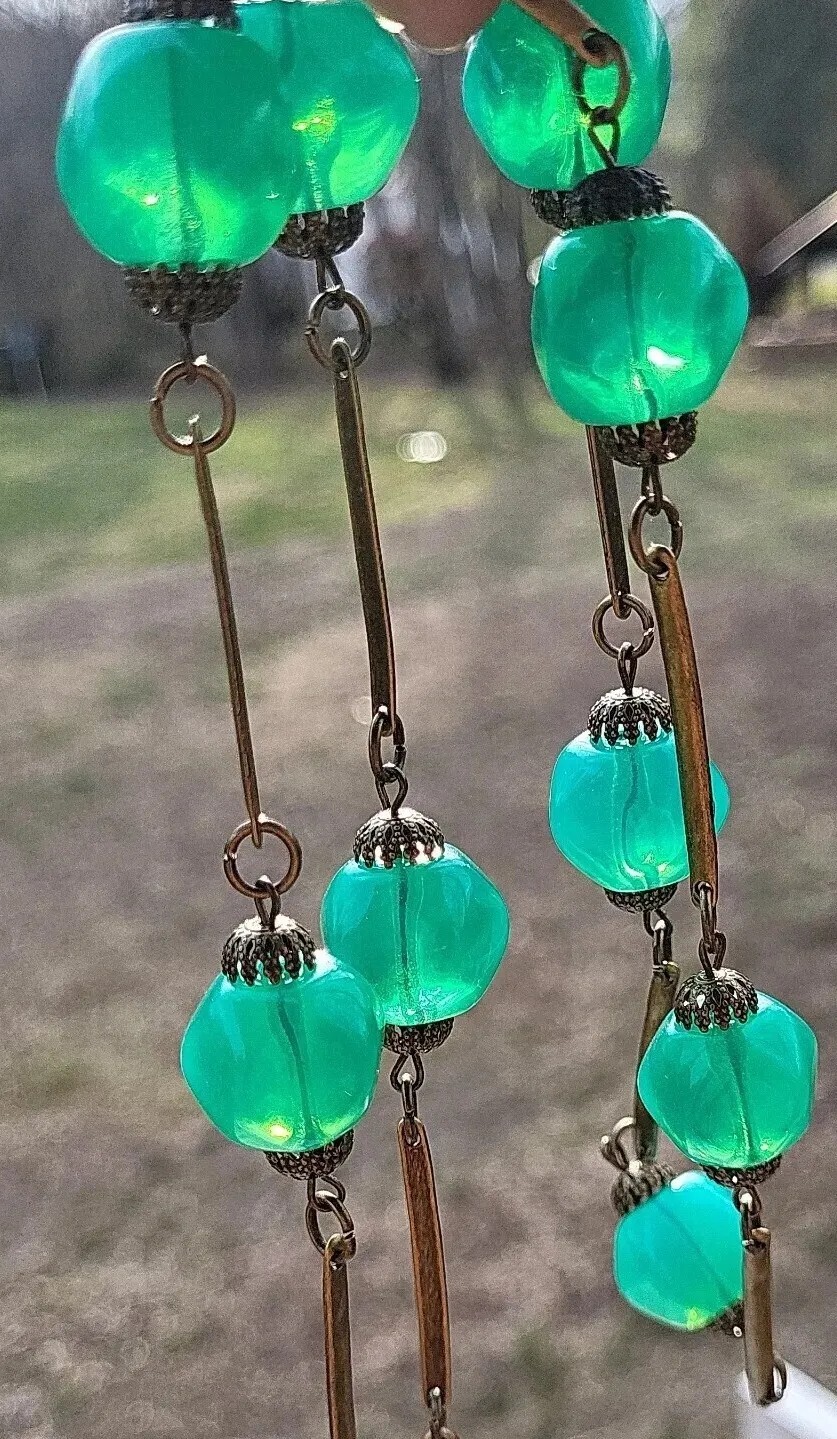 SALE! VINTAGE WW2 URANIUM PENTAGON OPAL GREEN GLASS BEAD BAR NECKLACE SET HUGE