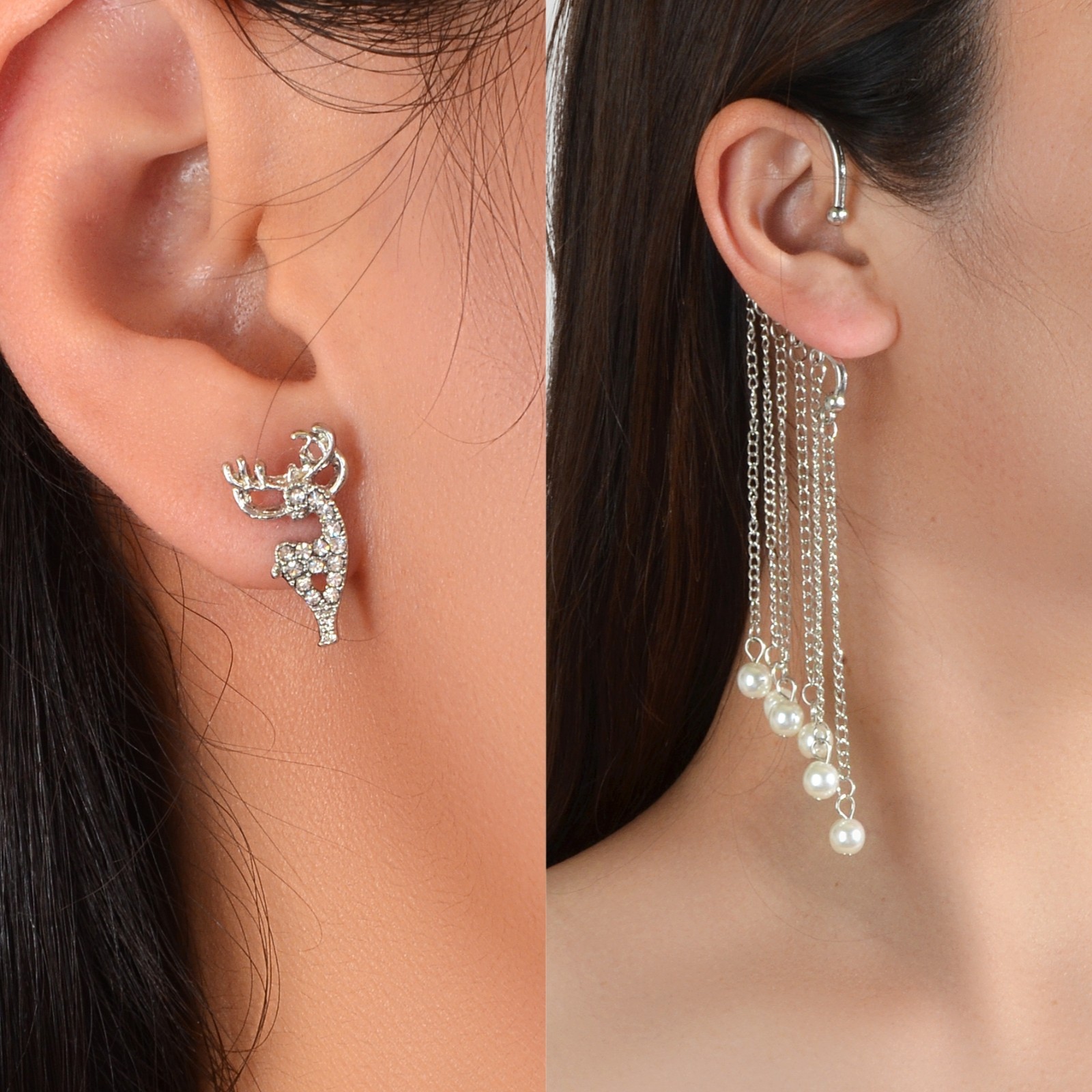 3pcs Rhinestone Silver Deer Stud and Faux Pearl Long Tassel Wrap Around Earrings