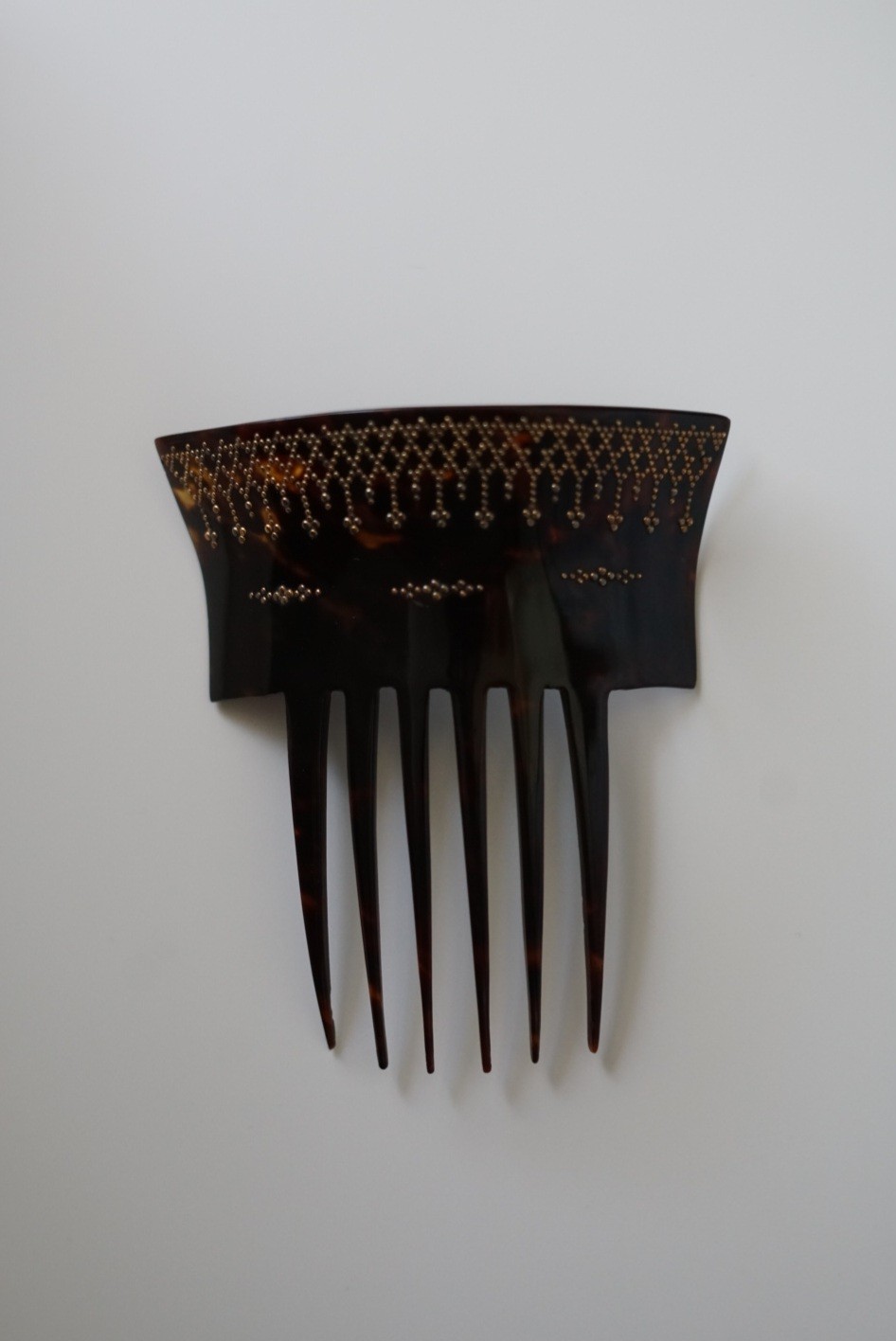 Antique Victorian Faux(?) Tortoiseshell Hair Comb Gold Piqué Inlay 4” Mantilla