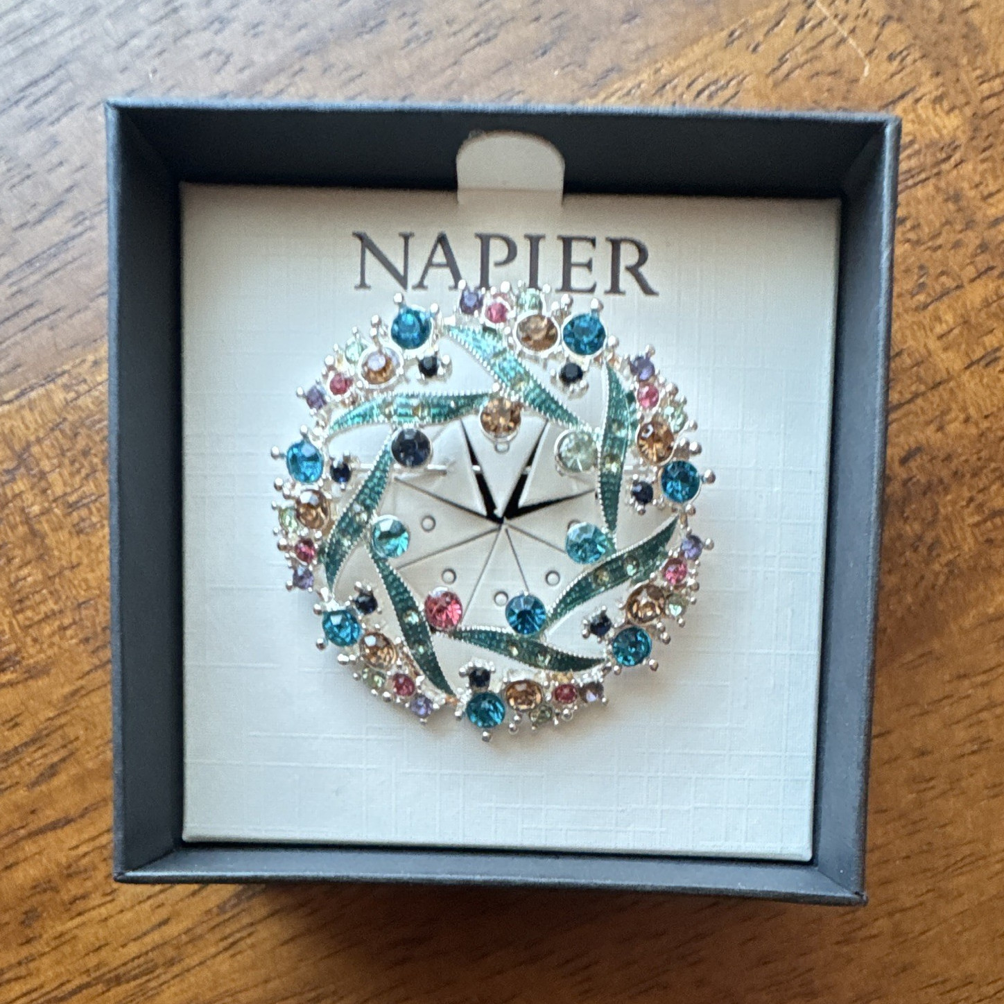 Napier Round Wreath Brooch Pin Multicolor Rhinestones Silver Tone Metal