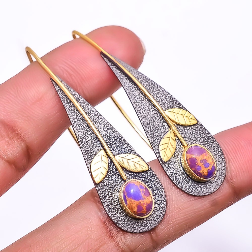 Copper Purple Turquoise 925 Silver Black&Gold Plated Handmade Earring 2.15″