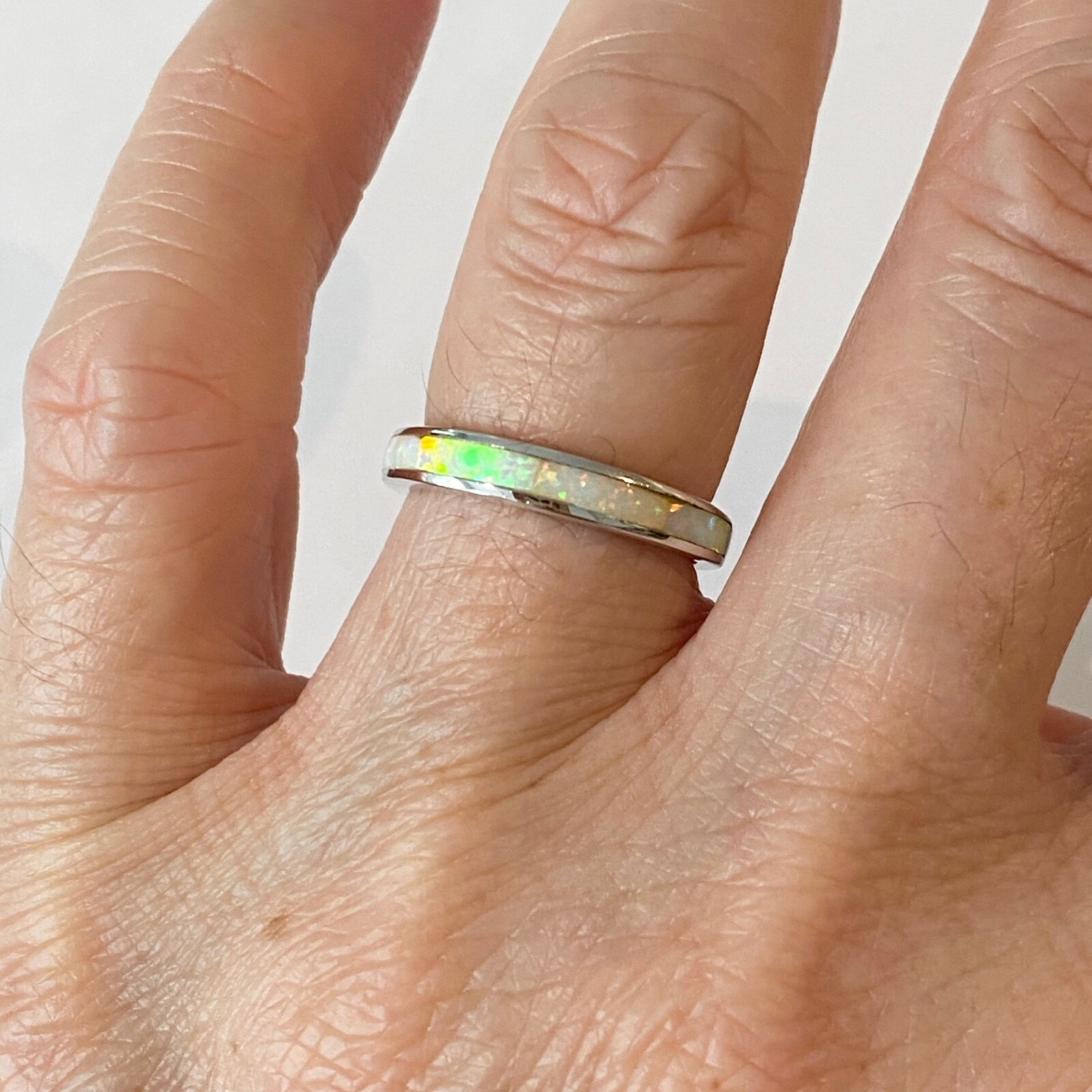 Sterling Silver White Lab Opal Band Ring, October Birthstone Rings, Wedding Band