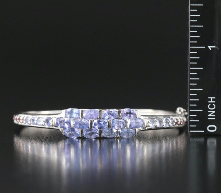 Sterling Silver 925 Bangle Bracelet Tanzanite & Garnet Stones 6”D 8.8 Grams