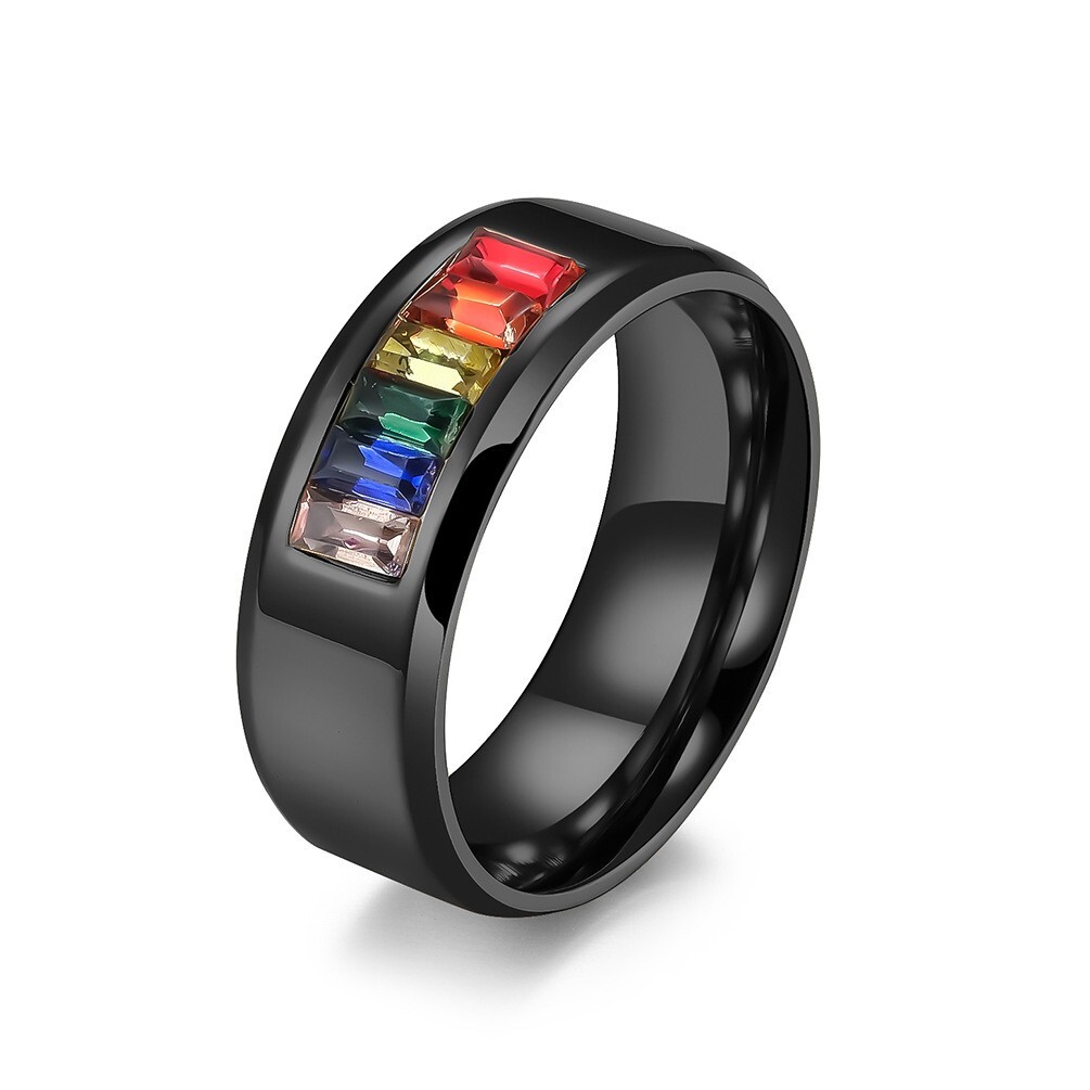 Rainbow LGBTQ Pride Colored Gem Band Ring in Stainless Steel