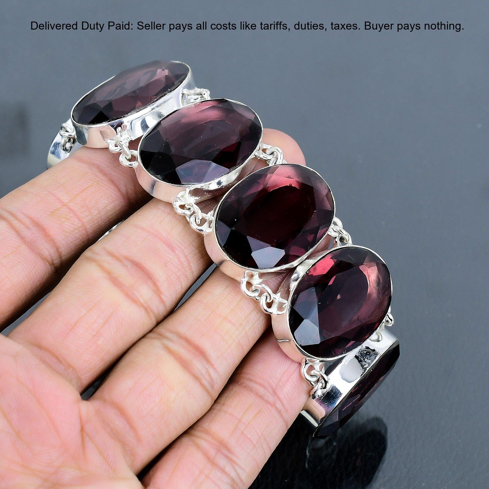 925 Silver Oval Pink Amethyst Stone Bezel Birthday Chain Wife Elegant Bracelet