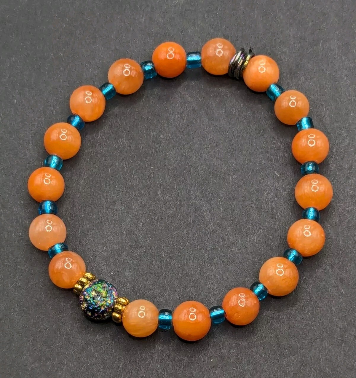 Orange 8mm Gemstone, Blue 6/0 Beaded Stretch Stylish Bracelet (17cm) S/M Wrist
