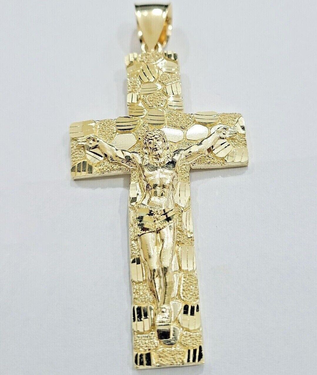 10k Yellow Gold Nugget Jesus Cross Charm Pendant 2” inches Real 10kt SALE Chain