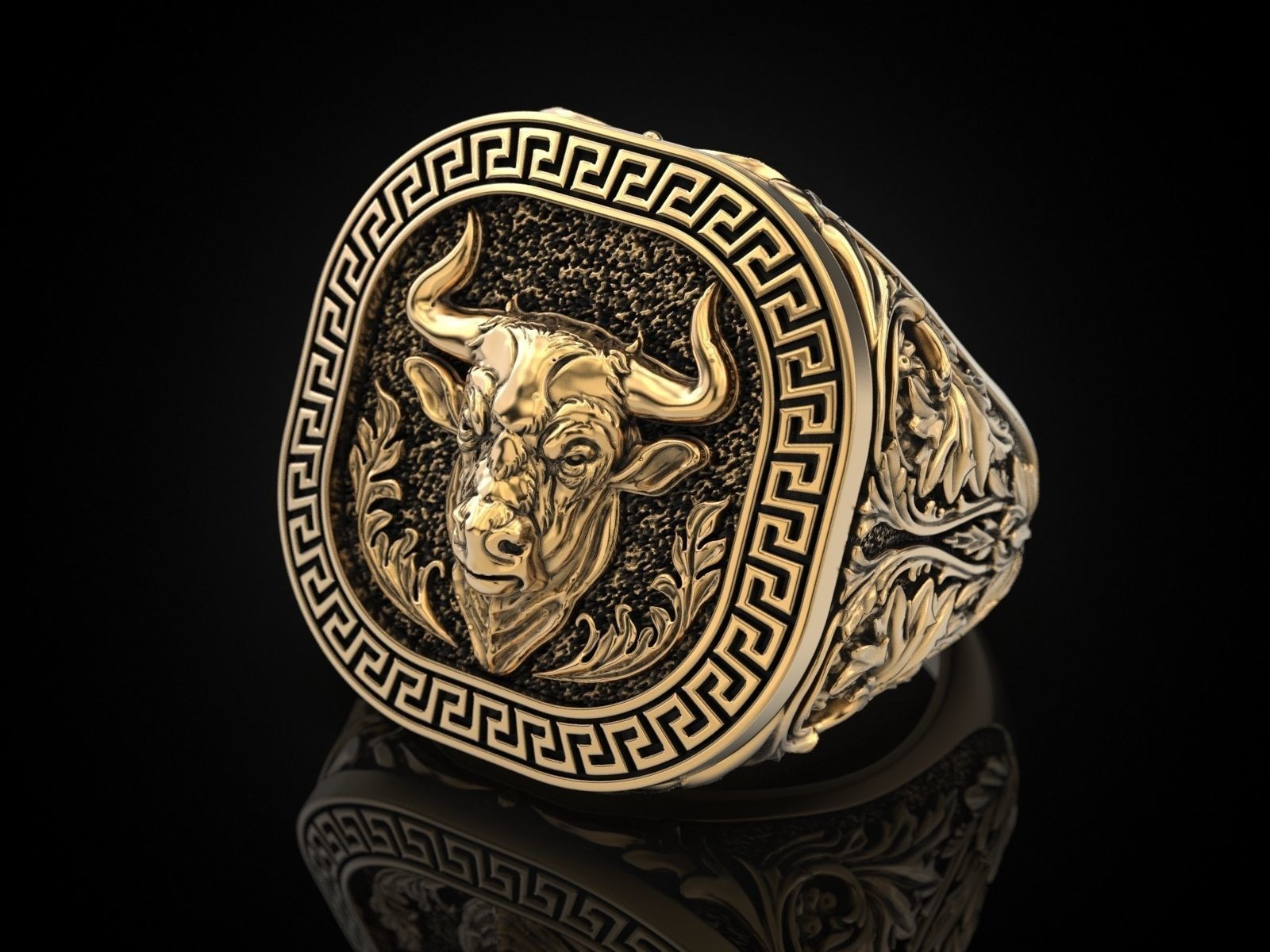 Oxidized Men’s Greek Ornament Pattern Bull 925 Sterling Silver Statement Rings