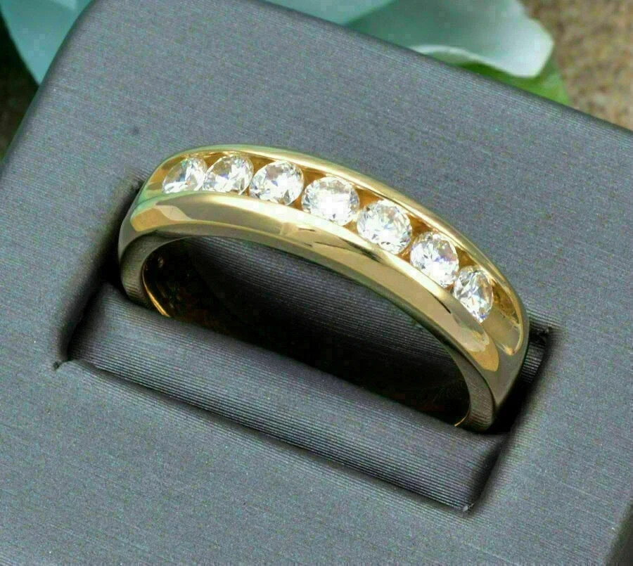 Men’s 2.5 CT Round Real Moissanite Wedding 7 Stone Ring Solid 14k Yellow Gold