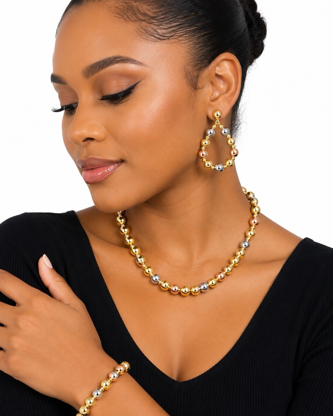 Gold & Silver Tone Beaded Set Necklace Earrings Bracelet FHK10718