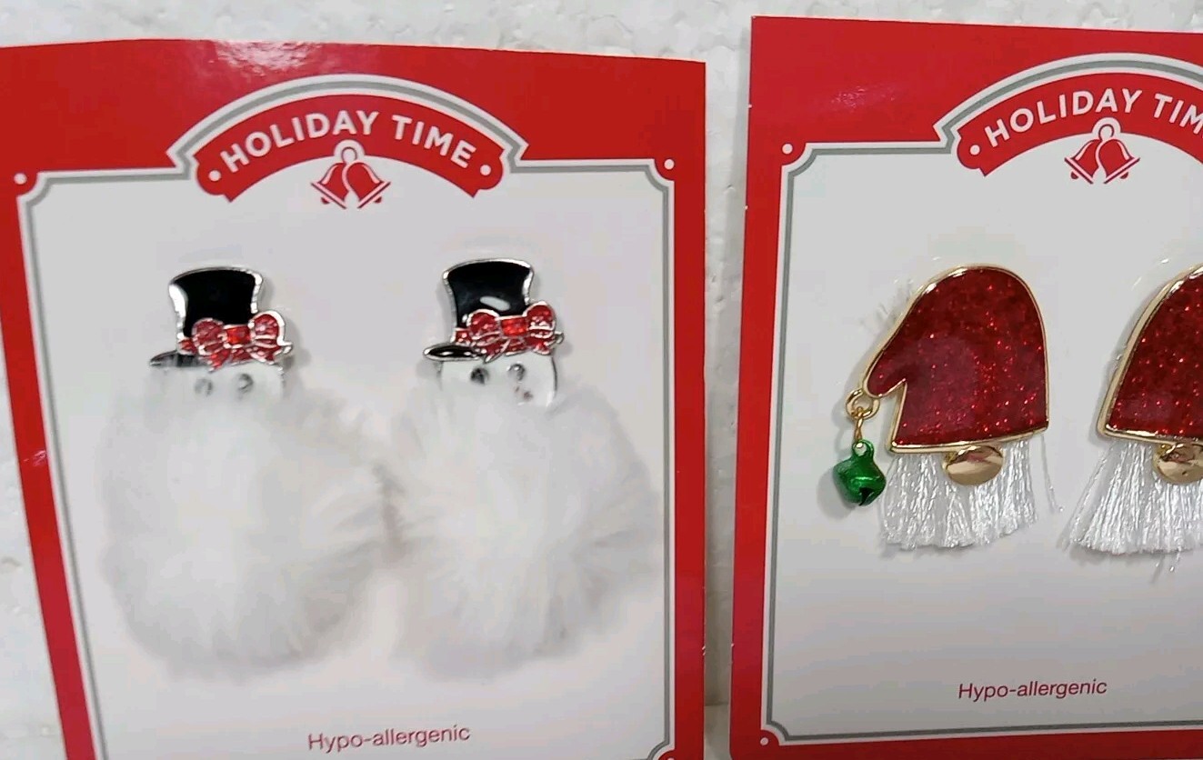 Two Pair Of Holiday Time Earrings Christmas Santa And Snowman Hypo Allergenic