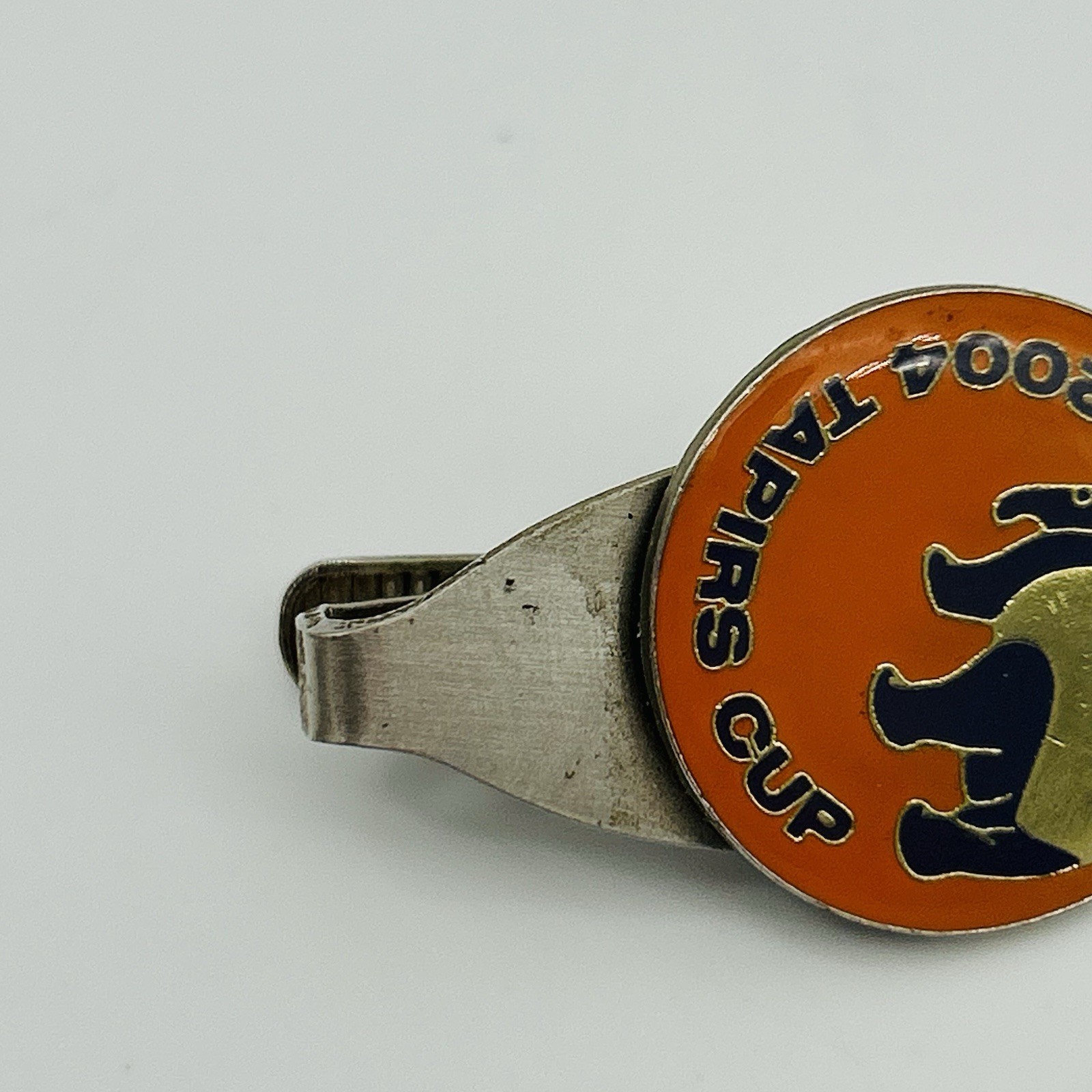 VINTAGE 2004 Tapirs Cup Tie Bar Pin Japan Silver Toned Orange Antique Logo Mens